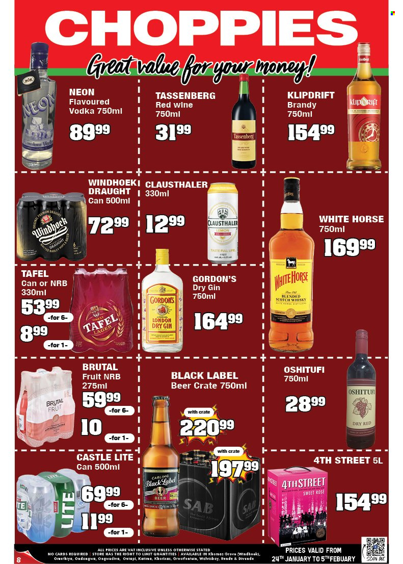 thumbnail - Choppies catalogue  - 24/01/2023 - 05/02/2023 - Sales products - red wine, wine, rosé wine, brandy, gin, vodka, Gordon's, Klipdrift, whisky, beer, Carling, Castle, Lager, crate. Page 8.