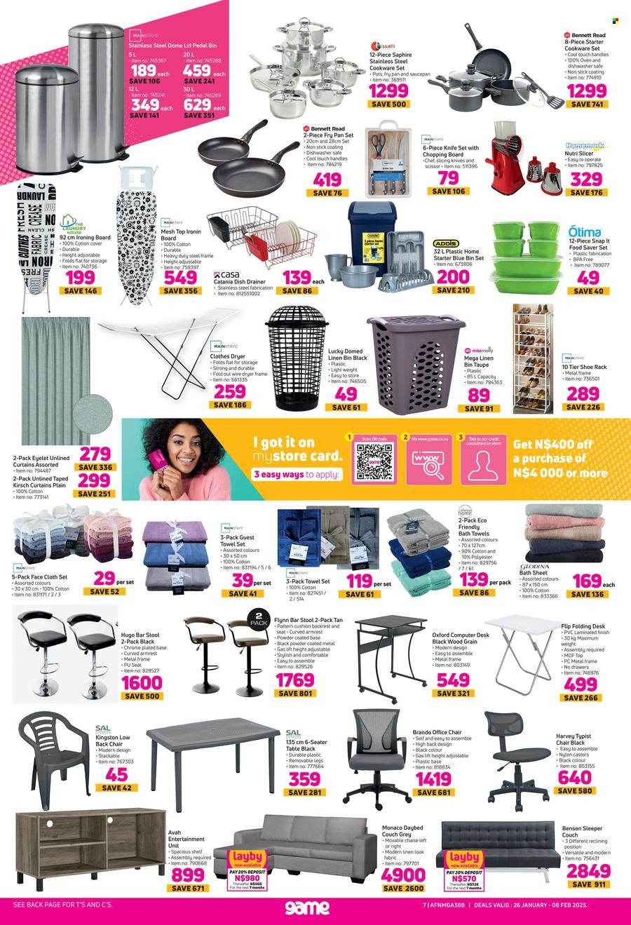 thumbnail - Game catalogue  - 26/01/2023 - 08/02/2023 - Sales products - cookware set, knife, pot, pan, chopping board, slicer, lid, saucepan, cushion, linens, curtain, bath towel, towel, facecloth, computer, oven, Bennett Read, sofa bed, couch, table, scissors. Page 7.