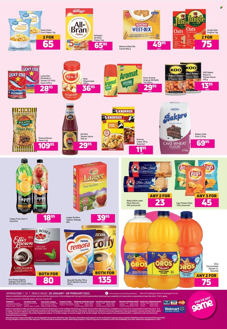 thumbnail - Game catalogue  - 26/01/2023 - 08/02/2023 - Sales products - beans, mango, pineapple, oranges, sardines, pasta, Knorr, Ellis Brown, creamer, mayonnaise, Nestlé, cereal bar, Kellogg's, biscuit, potato chips, chips, Lay’s, flour, wheat flour, oats, Cremora, cake flour, Knorrox, baked beans, Koo, cereals, corn flakes, Weet-Bix, bran flakes, jungle oats, All-Bran, spice, fruit juice, juice, Oros, tea bags, rooibos tea, Ricoffy, Nescafé, Bakers. Page 12.