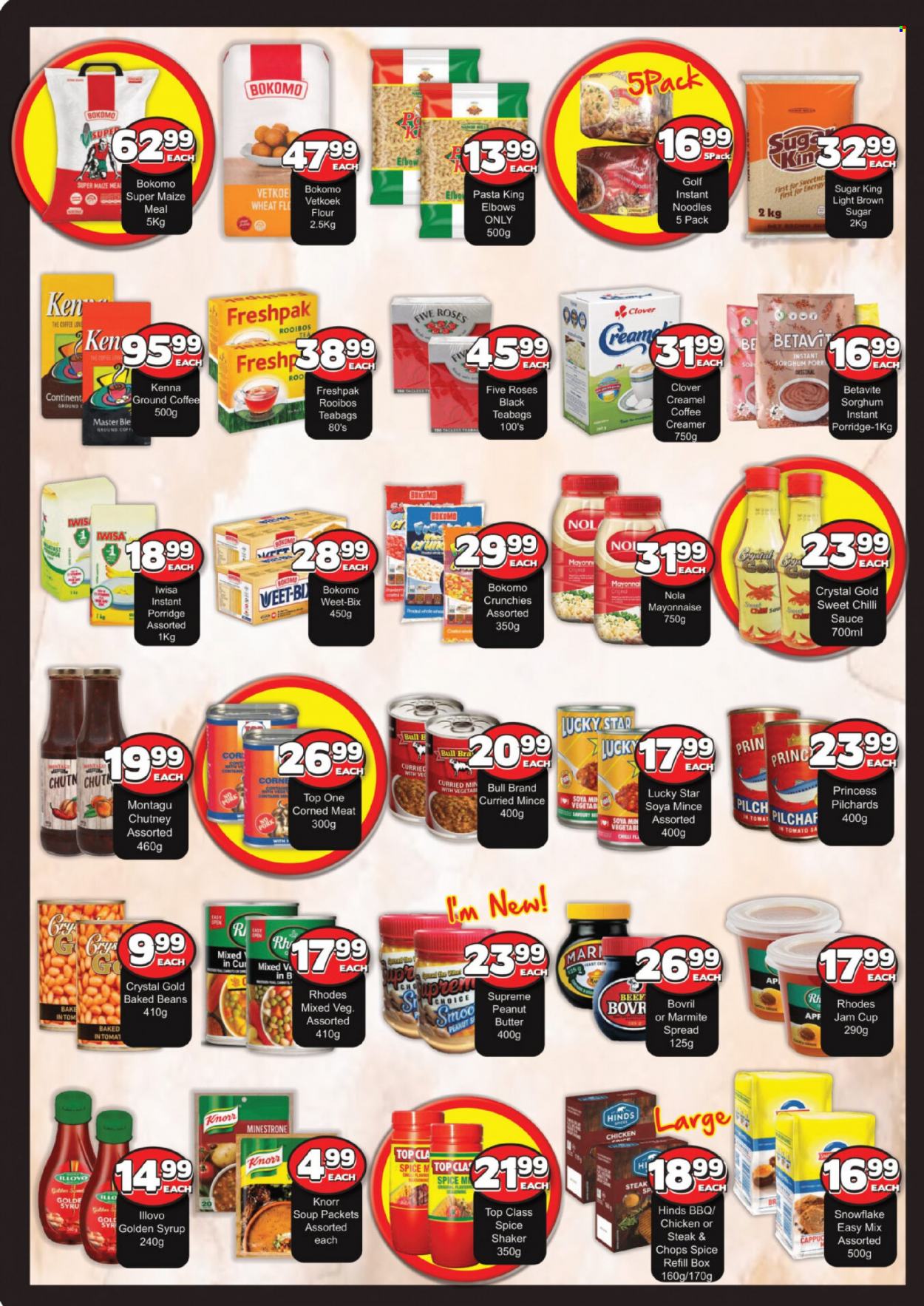 thumbnail - Metro catalogue  - 19/01/2023 - 05/02/2023 - Sales products - sardines, soup, pasta, instant noodles, Knorr, noodles, Clover, yeast, butter, creamer, mayonnaise, cereal bar, cane sugar, flour, maize meal, soya mince, corned meat, baked beans, Weet-Bix, porridge, instant porridge, spice, Hinds, chutney, sweet chilli sauce, fruit jam, syrup, tea bags, rooibos tea, ground coffee, steak. Page 3.