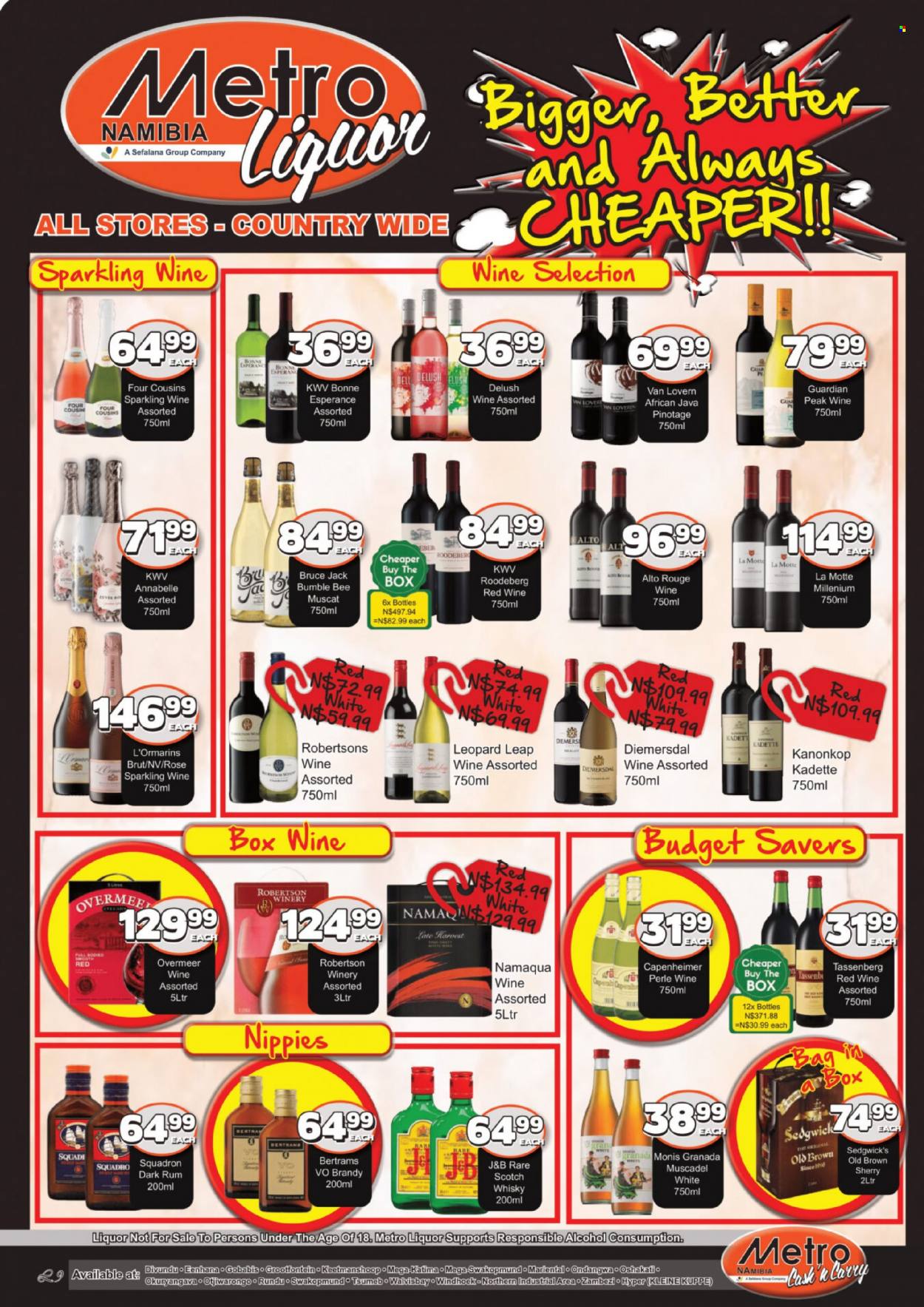 thumbnail - Metro catalogue  - 19/01/2023 - 05/02/2023 - Sales products - Bumble Bee, red wine, sparkling wine, wine, Alto Rouge, alcohol, KWV, Kanonkop Kadette, Diemersdal, rosé wine, brandy, rum, sherry, scotch whisky, whisky. Page 10.