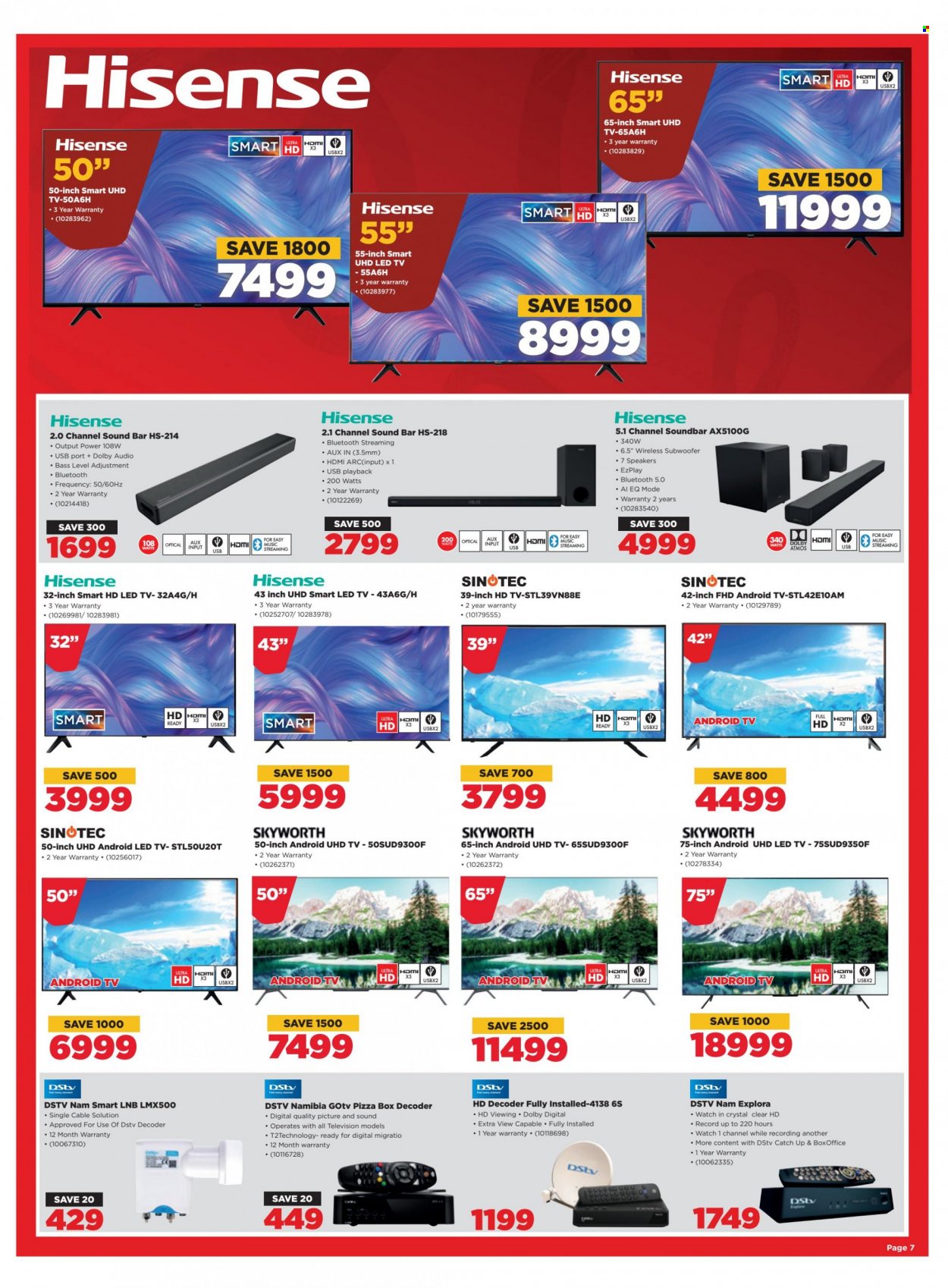 thumbnail - HiFiCorp catalogue  - 01/02/2023 - 05/02/2023 - Sales products - Hisense, Android TV, LED TV, UHD TV, ultra hd, HDTV, TV, Skyworth, SINOTEC, decoder, speaker, subwoofer, wireless subwoofer, sound bar, smart lnb. Page 7.