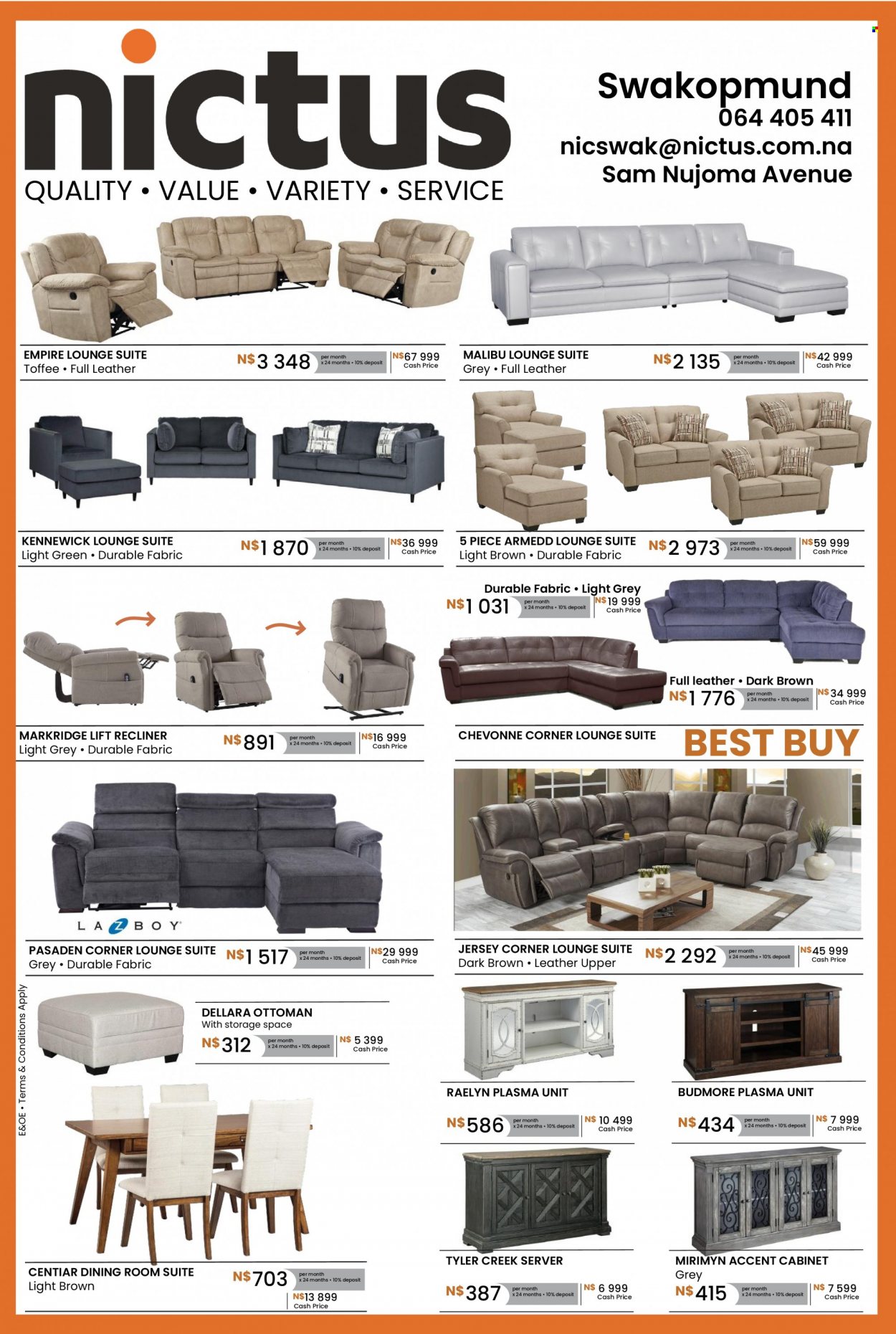 thumbnail - Nictus catalogue  - Sales products - cabinet, dining room suite, recliner chair, lounge suite, lounge, ottoman. Page 1.