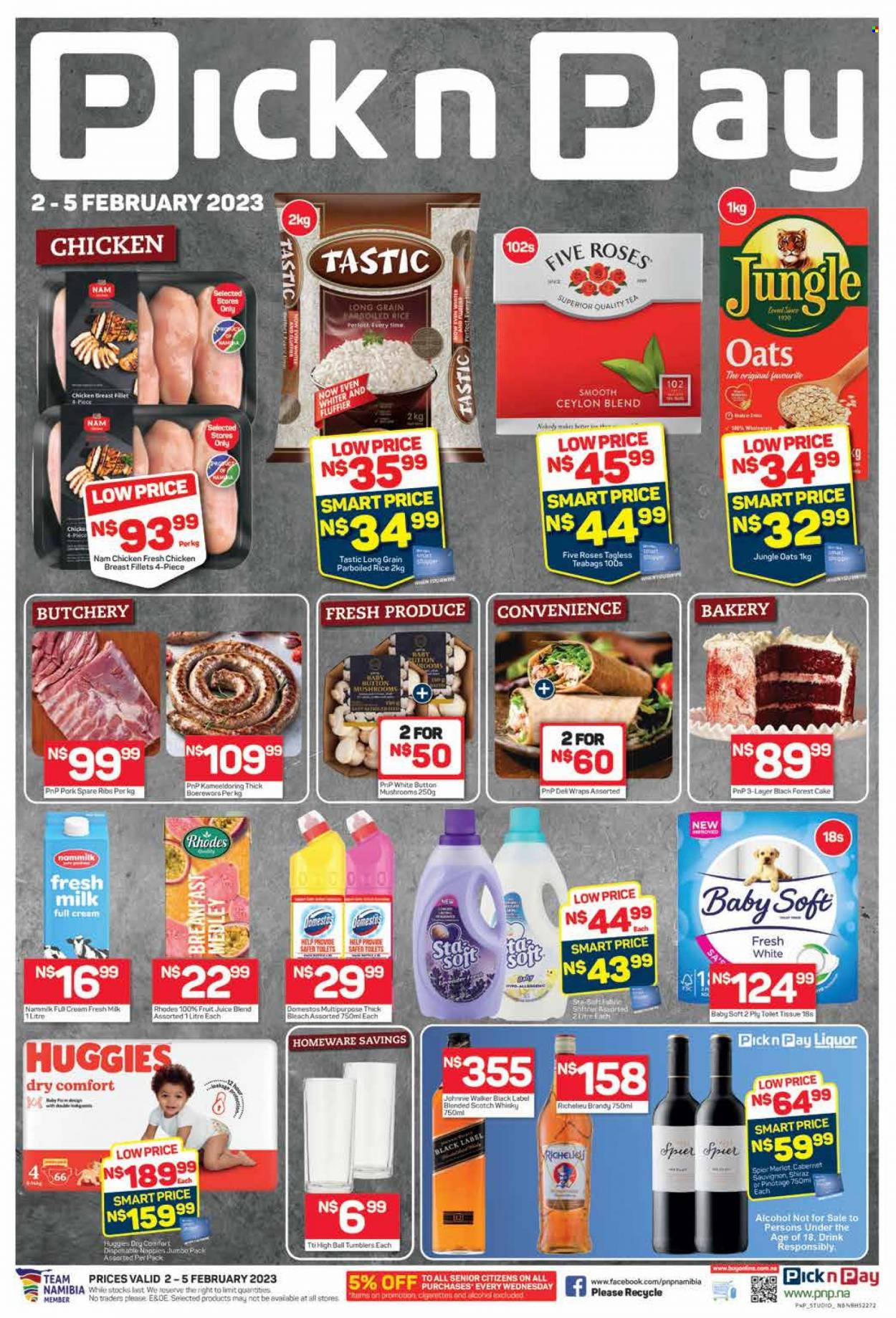 thumbnail - Pick n Pay catalogue  - 02/02/2023 - 05/02/2023 - Sales products - mushrooms, cake, wraps, milk, oats, jungle oats, rice, parboiled rice, Tastic, fruit juice, juice, tea, tea bags, Cabernet Sauvignon, red wine, wine, Merlot, alcohol, Shiraz, brandy, liquor, Johnnie Walker, Richelieu, scotch whisky, whisky, chicken breasts, ribs, pork meat, pork ribs, pork spare ribs, Huggies, Baby Soft, Domestos, bleach, thick bleach, braai wors. Page 1.