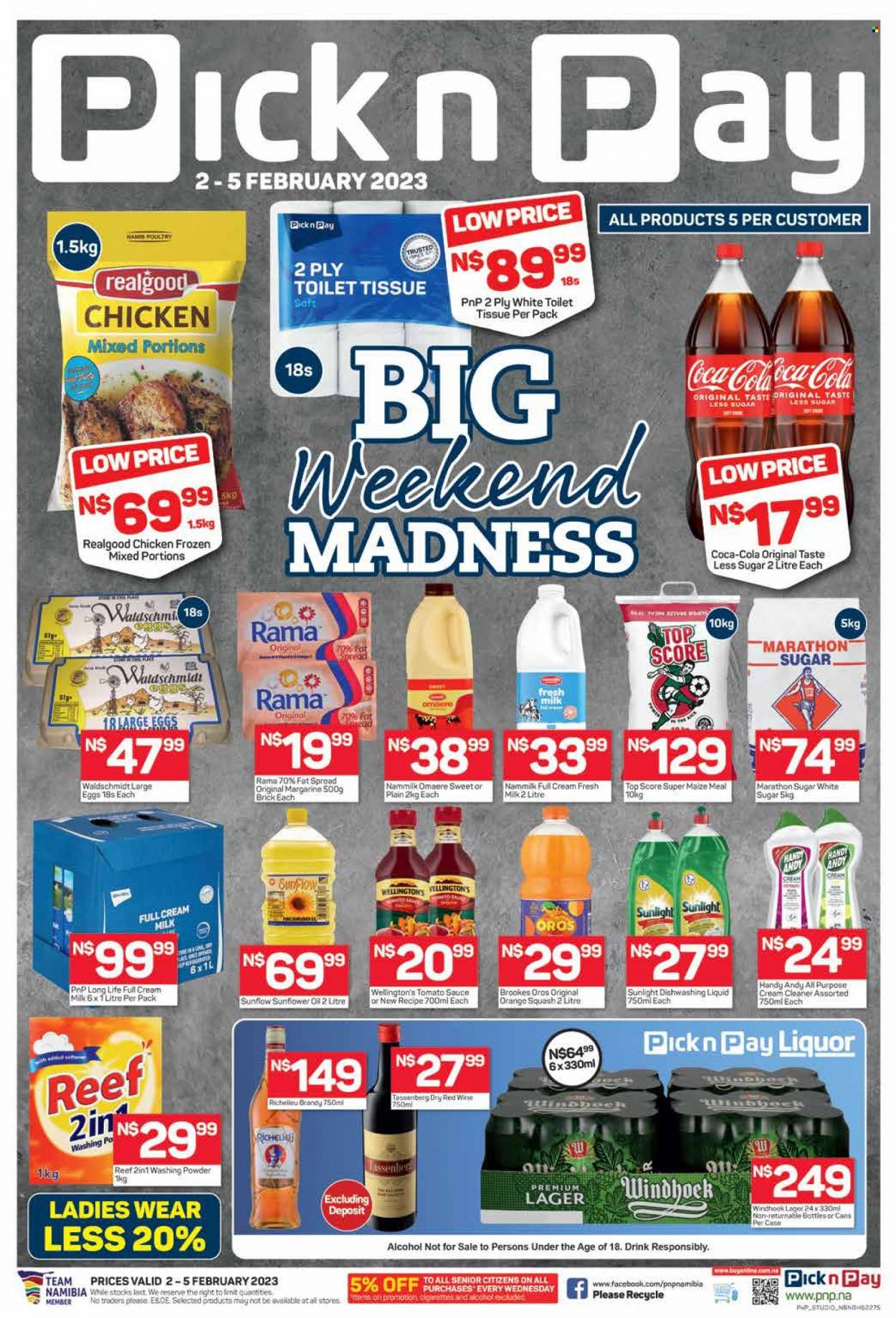 thumbnail - Pick n Pay catalogue  - 02/02/2023 - 05/02/2023 - Sales products - large eggs, margarine, fat spread, Rama, maize meal, tomato sauce, sunflower oil, oil, Coca-Cola, Oros, orange squash, alcohol, brandy, liquor, Richelieu, beer, Lager, cream cleaner, cleaner, laundry powder, Sunlight, dishwashing liquid. Page 1.
