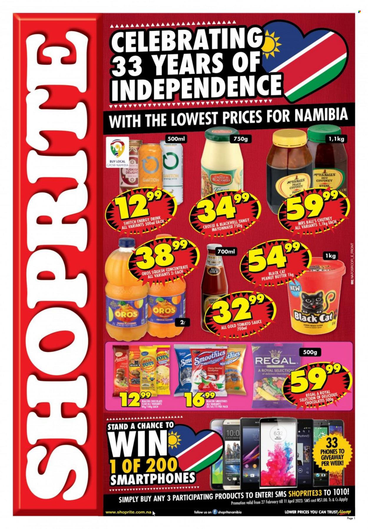 thumbnail - Shoprite catalogue  - 27/02/2023 - 11/04/2023 - Sales products - cherries, sauce, mayonnaise, chocolate, jelly, tomato sauce, chutney, peanut butter, switch, energy drink, Oros, smoothie, Ron Pelicano. Page 1.
