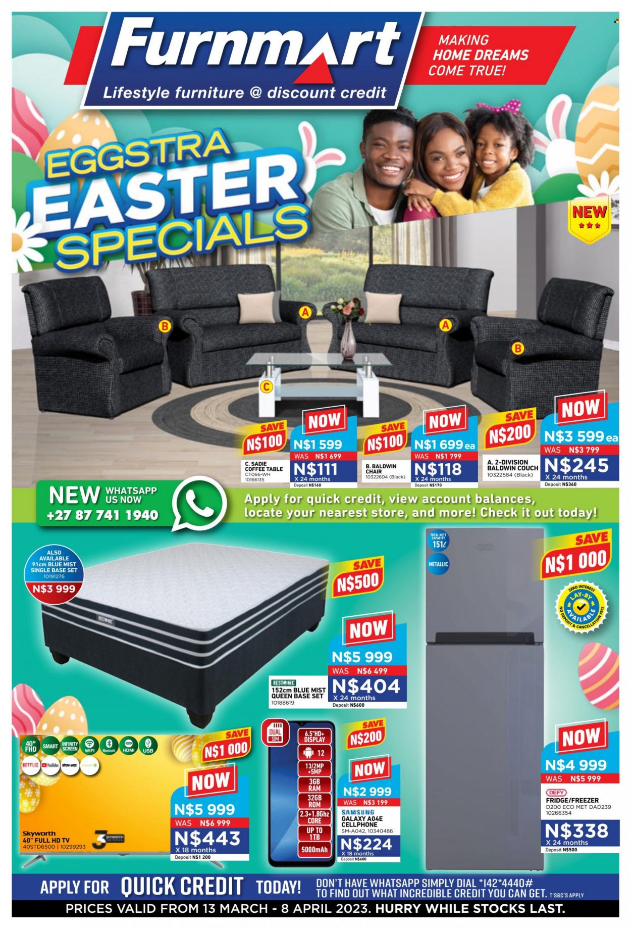 thumbnail - Furnmart catalogue  - 13/03/2023 - 08/04/2023 - Sales products - table, chair, couch, coffee table, base set, Samsung, Samsung Galaxy, HDTV, Full HD TV, TV, Skyworth, freezer, refrigerator, fridge. Page 1.