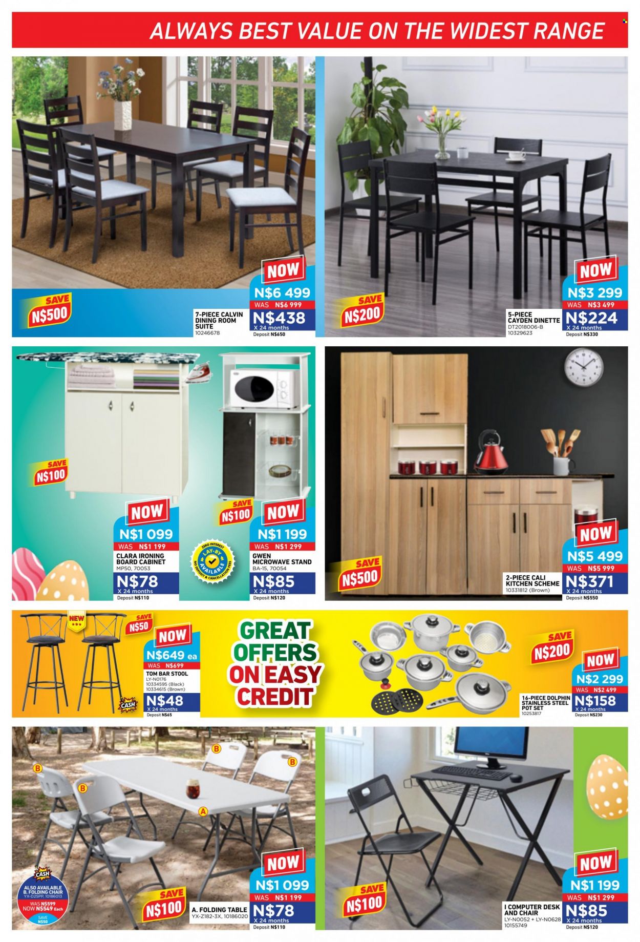 thumbnail - Furnmart catalogue  - 13/03/2023 - 08/04/2023 - Sales products - cabinet, kitchen scheme, table, dining room suite, stool, chair, bar stool, desk, folding table, folding chair, computer, microwave. Page 5.