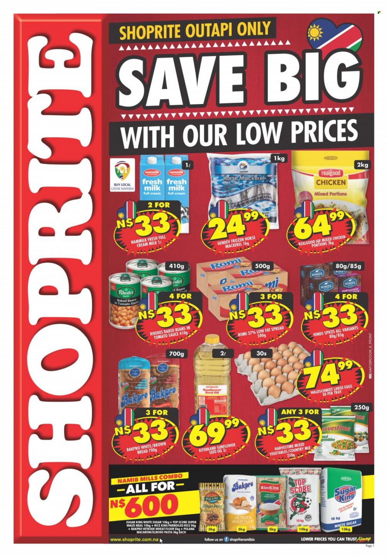 thumbnail - Shoprite catalogue  - 16/03/2023 - 26/03/2023 - Sales products - bread, brown bread, beans, mackerel, macaroni, pasta, large eggs, fat spread, mixed vegetables, Harvestime, flour, sugar, wheat flour, maize meal, baked beans, rice, parboiled rice, Hinds, sunflower oil, oil, chicken. Page 1.