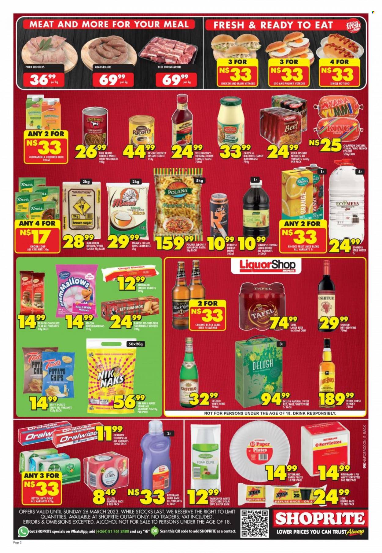 thumbnail - Shoprite catalogue  - 16/03/2023 - 26/03/2023 - Sales products - ginger, oranges, hot dog, macaroni, soup, pasta, instant noodles, Knorr, sauce, noodles, Mama's, french polony, polony, milk, eggs, mayonnaise, marshmallows, chocolate, snack, biscuit, potato chips, chips, maize snack, Nik Naks, cane sugar, tomato sauce, rice, long grain rice, energy drink, fruit juice, juice, ice tea, water, Boost, coffee, instant coffee, Ricoffy, Nescafé, alcohol, rosé wine, whisky, beer, Carling, Lager, chicken, Dettol, bath foam, soap, toothpaste, sanitary pads, Lil-lets. Page 2.