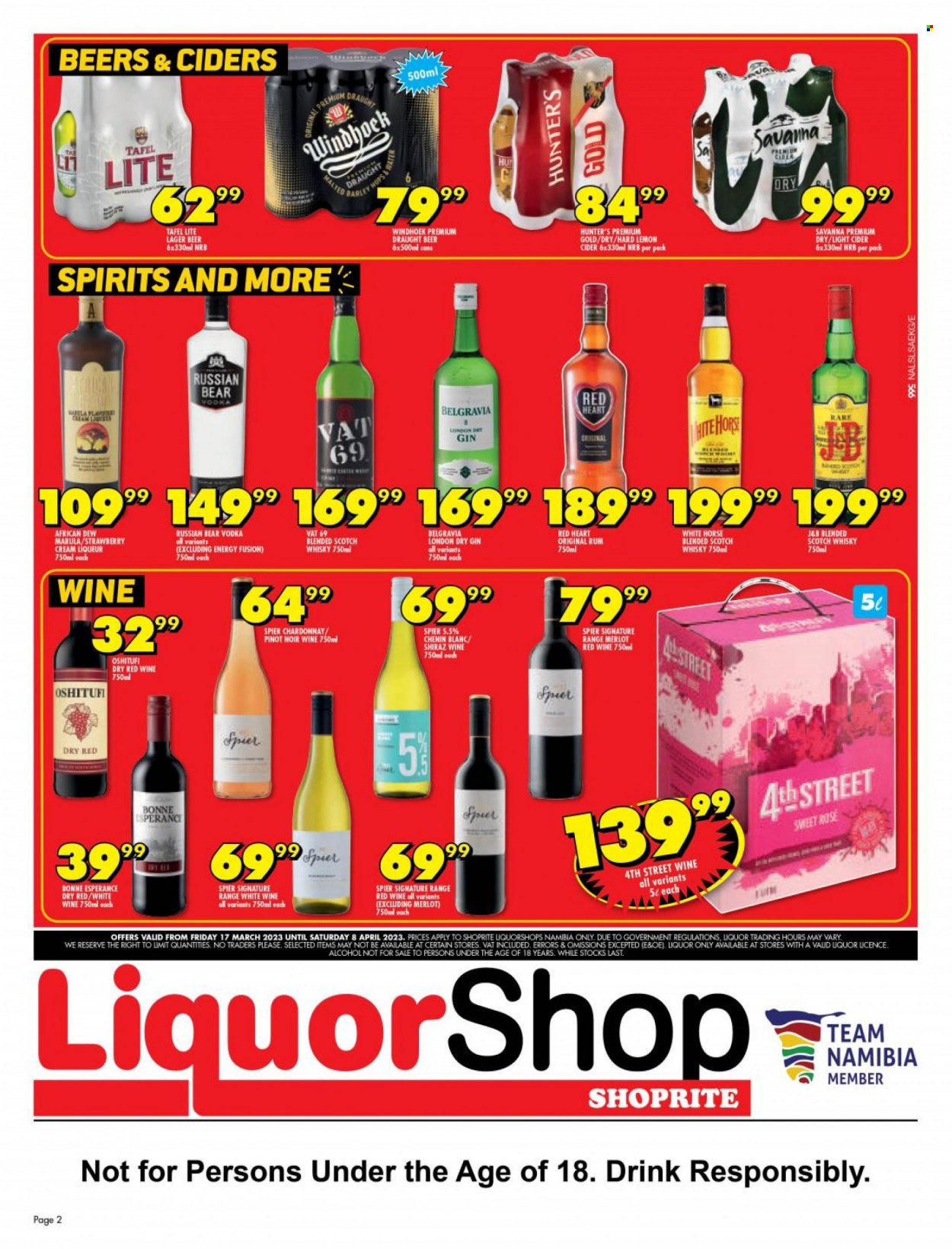 thumbnail - Shoprite catalogue  - 17/03/2023 - 08/04/2023 - Sales products - red wine, white wine, Chardonnay, wine, Merlot, Pinot Noir, alcohol, Chenin Blanc, Shiraz, rosé wine, gin, liqueur, rum, vodka, liquor, Russian Bear, Red Heart, Vat 69, Belgravia, scotch whisky, whisky, cider, beer, Lager. Page 2.