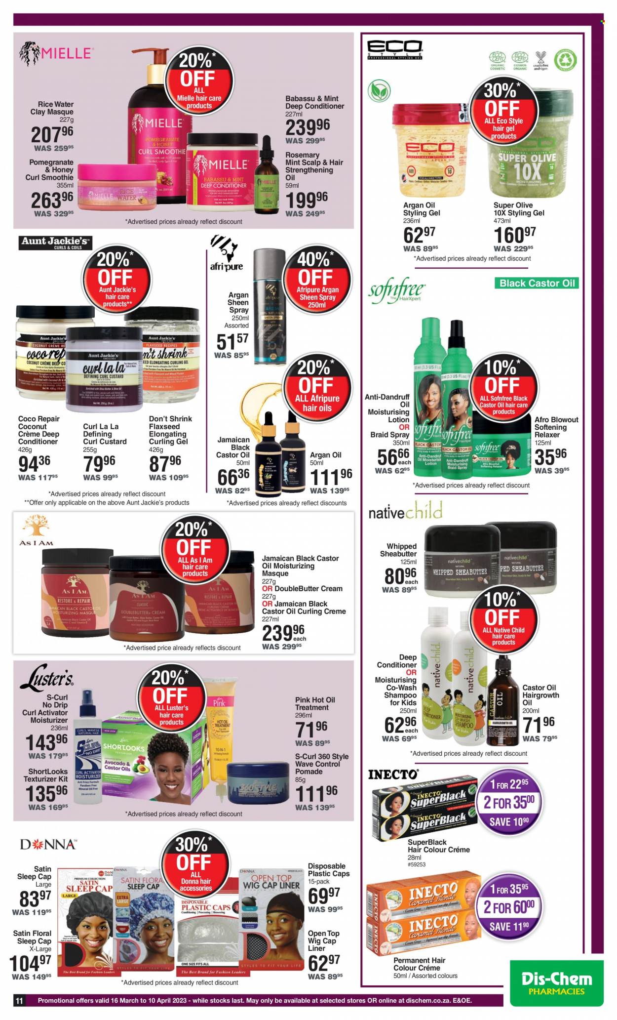 thumbnail - Dis-Chem catalogue  - 16/03/2023 - 10/04/2023 - Sales products - WAVE, shampoo, moisturizer, conditioner, hair color, Mielle, styling gel, relaxer, Aunt Jackie's, body lotion, argan oil. Page 11.