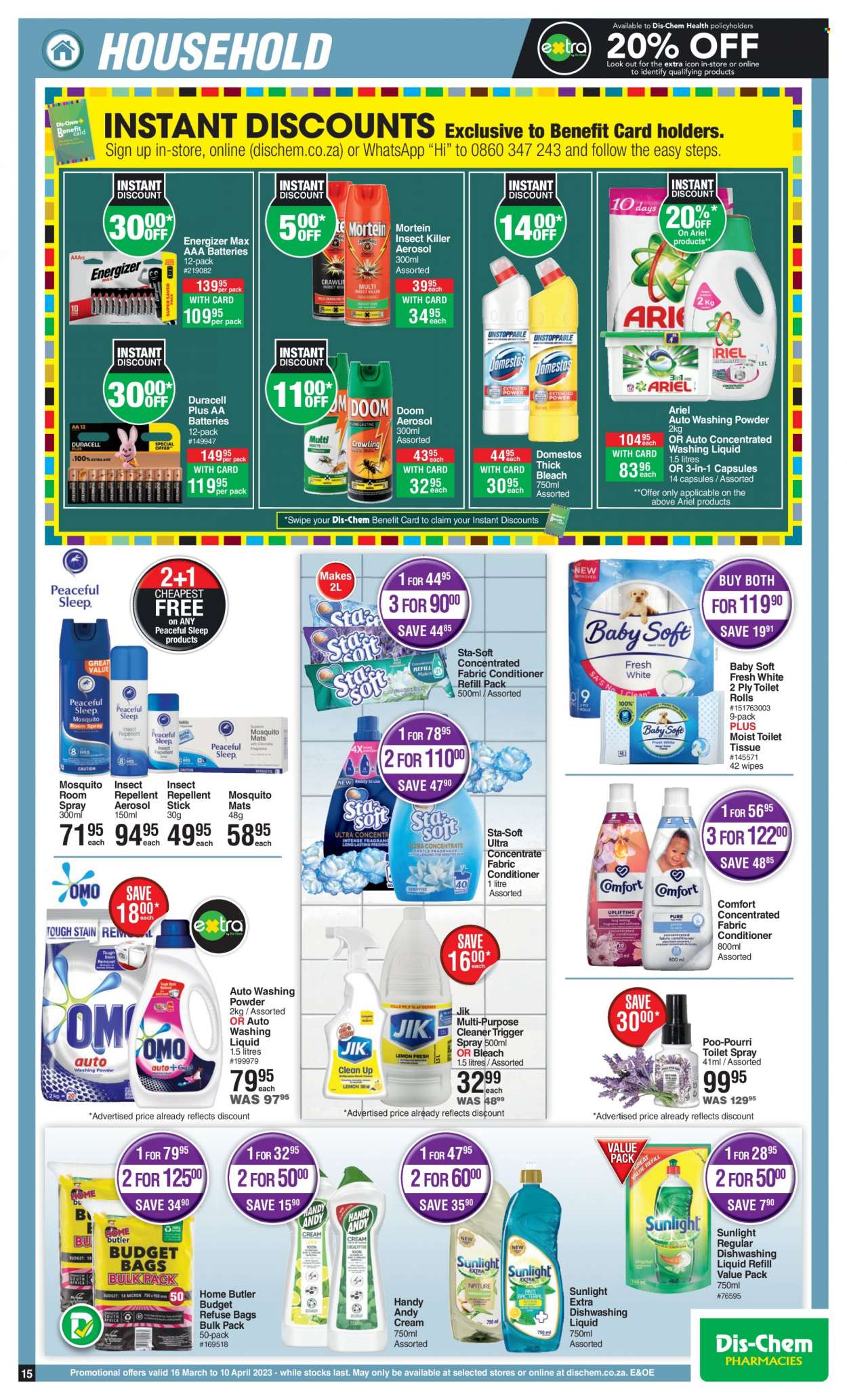 thumbnail - Dis-Chem catalogue  - 16/03/2023 - 10/04/2023 - Sales products - wipes, Baby Soft, toilet paper, Domestos, bleach, cleaner, Mortein, Ariel, thick bleach, laundry powder, Sunlight, dishwashing liquid, refuse bag, repellent, insect killer. Page 15.
