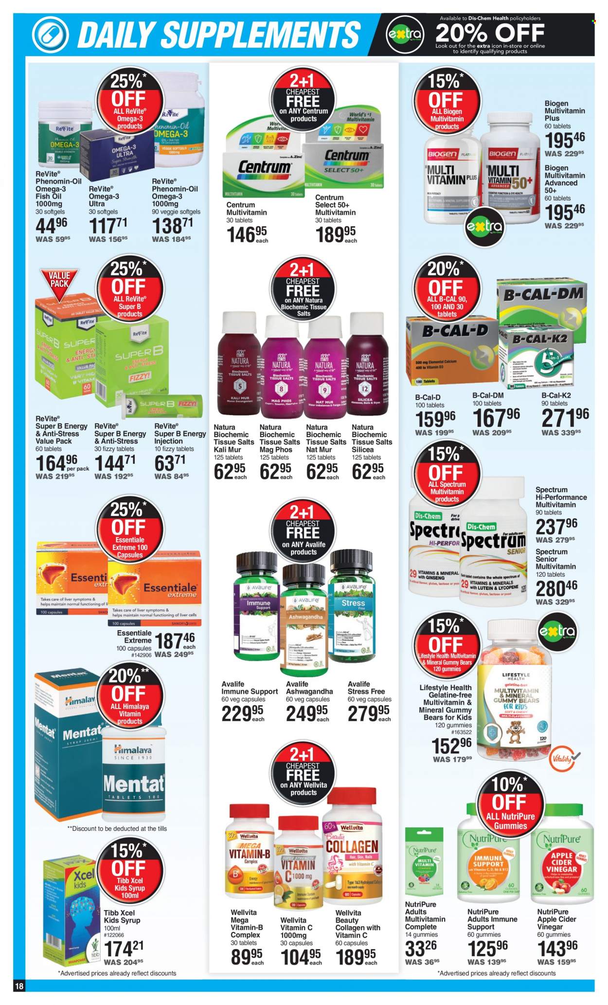 thumbnail - Dis-Chem catalogue  - 16/03/2023 - 10/04/2023 - Sales products - tissues, apple cider vinegar, fish oil, multivitamin, Omega-3, syrup, Essentiale Extreme, Spectrum, Centrum. Page 18.