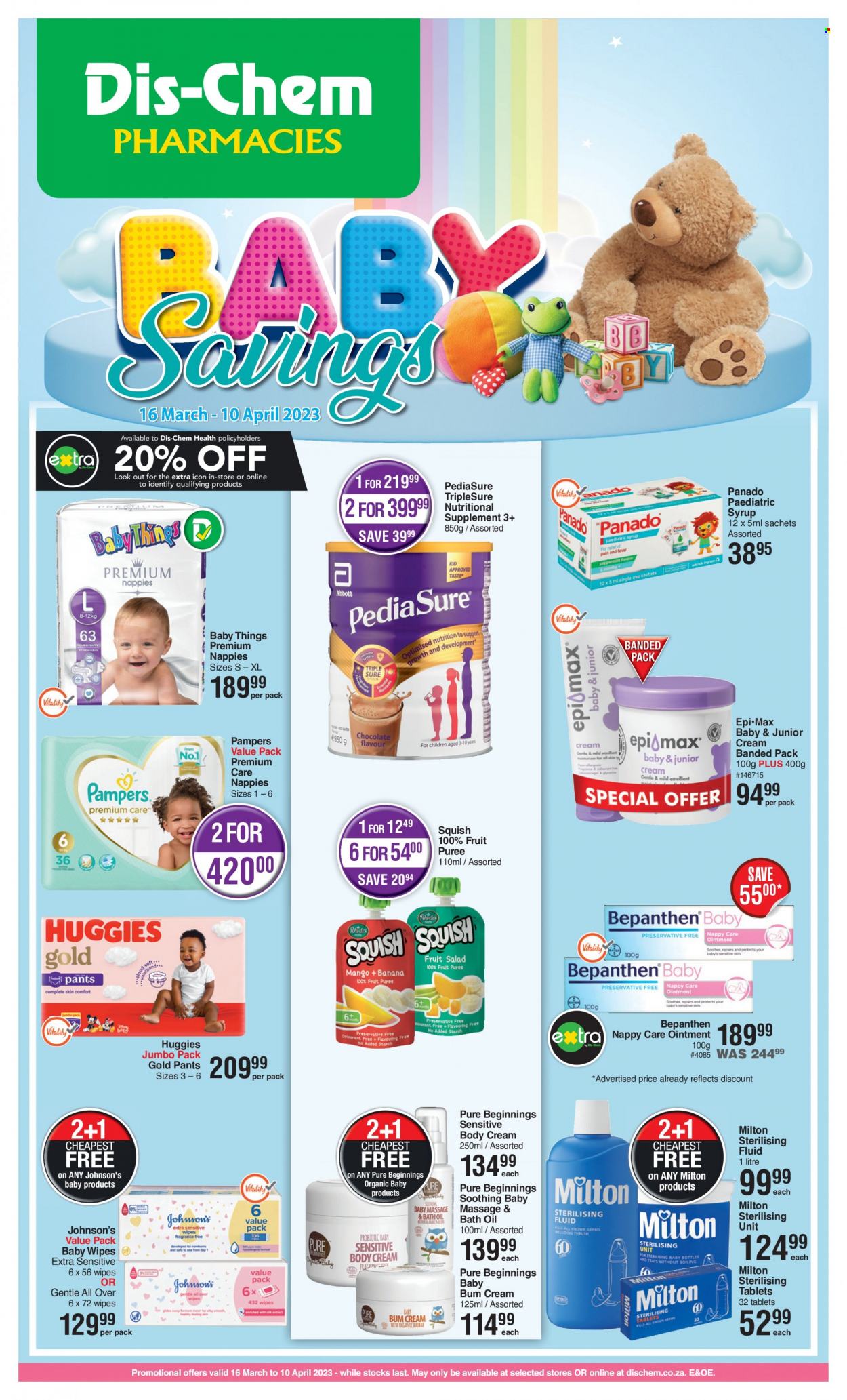 thumbnail - Dis-Chem catalogue  - 16/03/2023 - 10/04/2023 - Sales products - wipes, Huggies, Pampers, pants, baby wipes, nappies, Johnson's, ointment, Epi-Max, bath oil, syrup, nutritional supplement, Panado, paediatric syrup. Page 1.