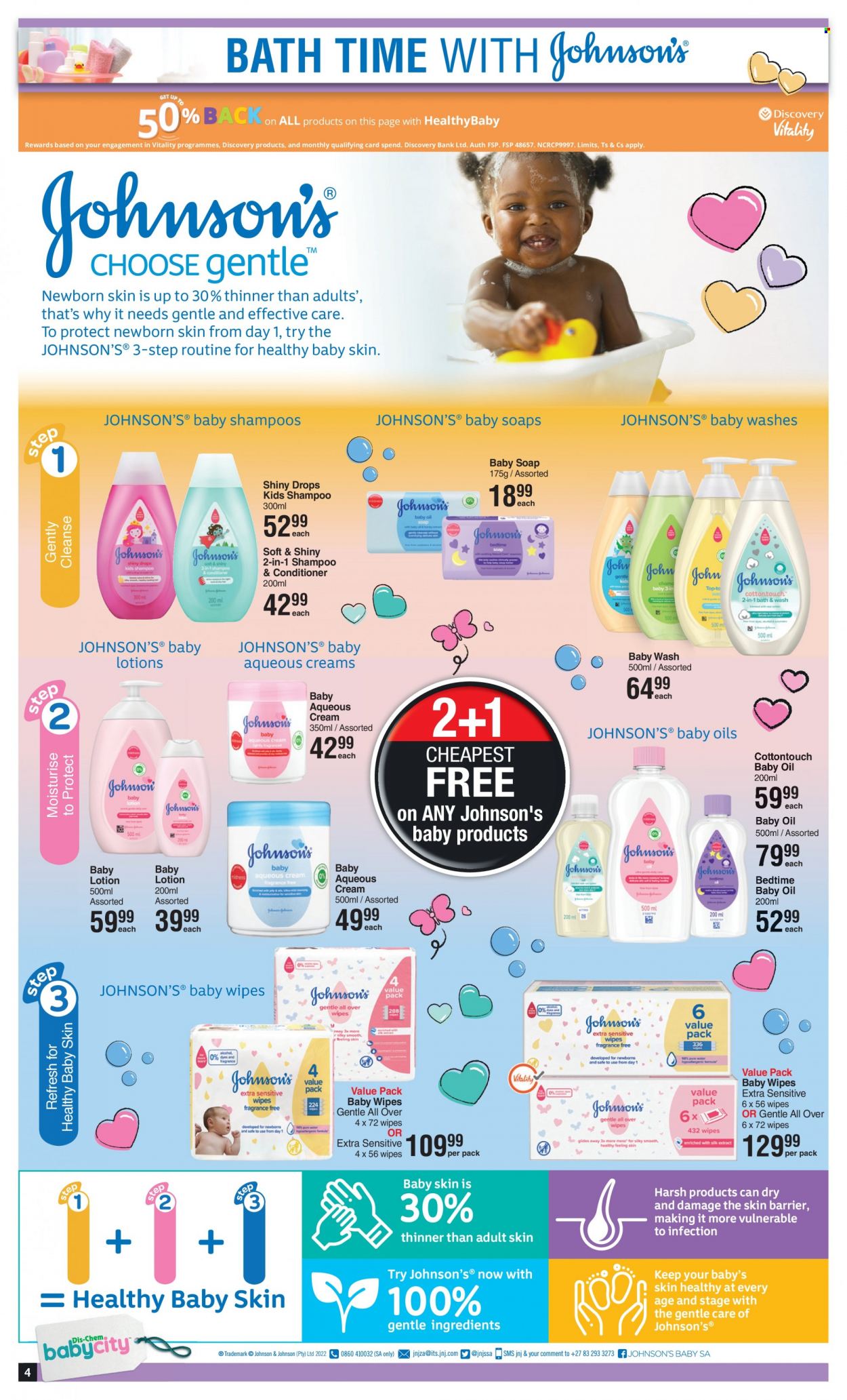thumbnail - Dis-Chem catalogue  - 16/03/2023 - 10/04/2023 - Sales products - wipes, baby wipes, Johnson's, baby oil, shampoo, soap, conditioner, body lotion. Page 4.