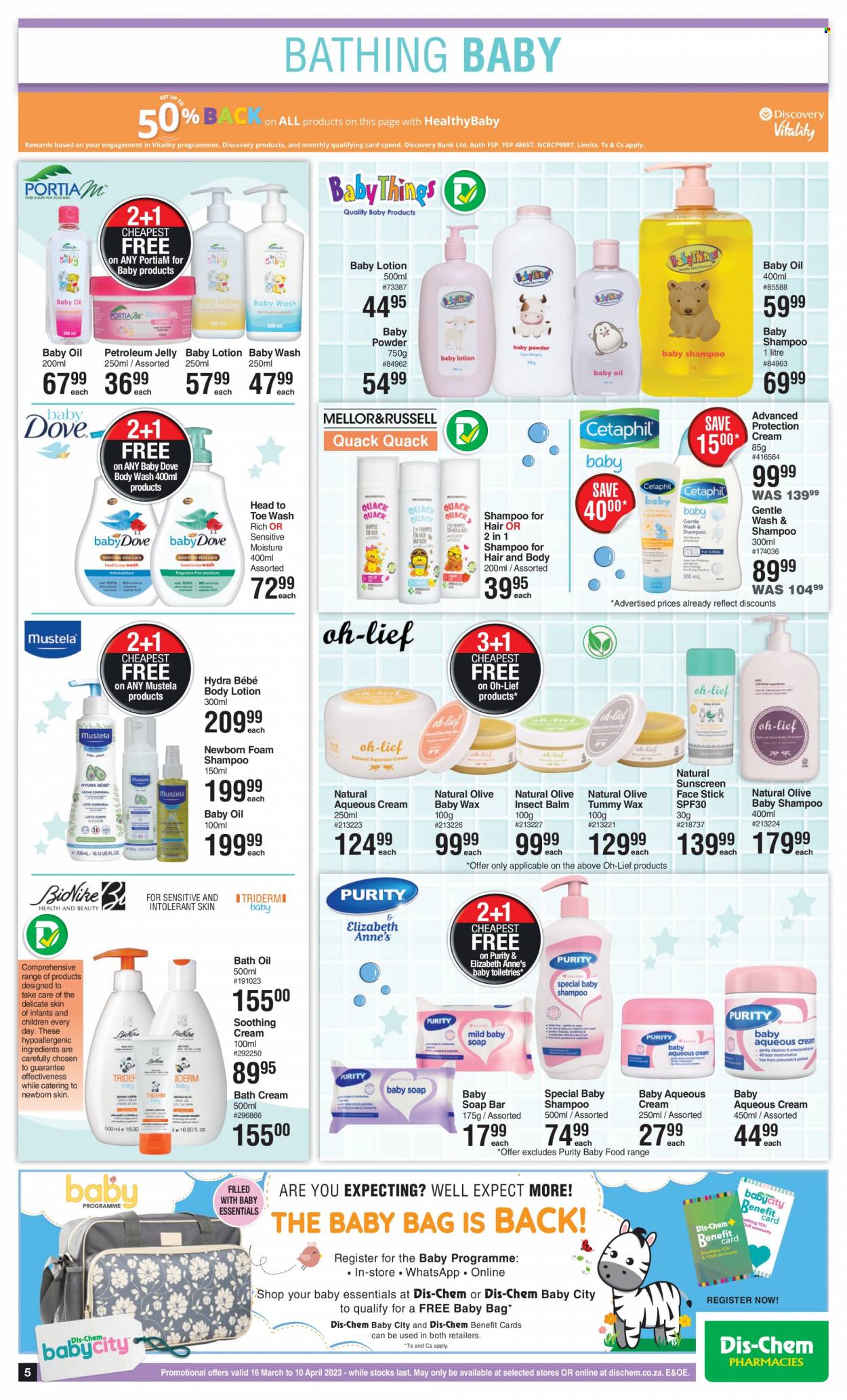 thumbnail - Dis-Chem catalogue  - 16/03/2023 - 10/04/2023 - Sales products - petroleum jelly, baby powder, baby oil, Dove, bath oil, body wash, shampoo, soap bar, soap, body lotion, bag. Page 5.