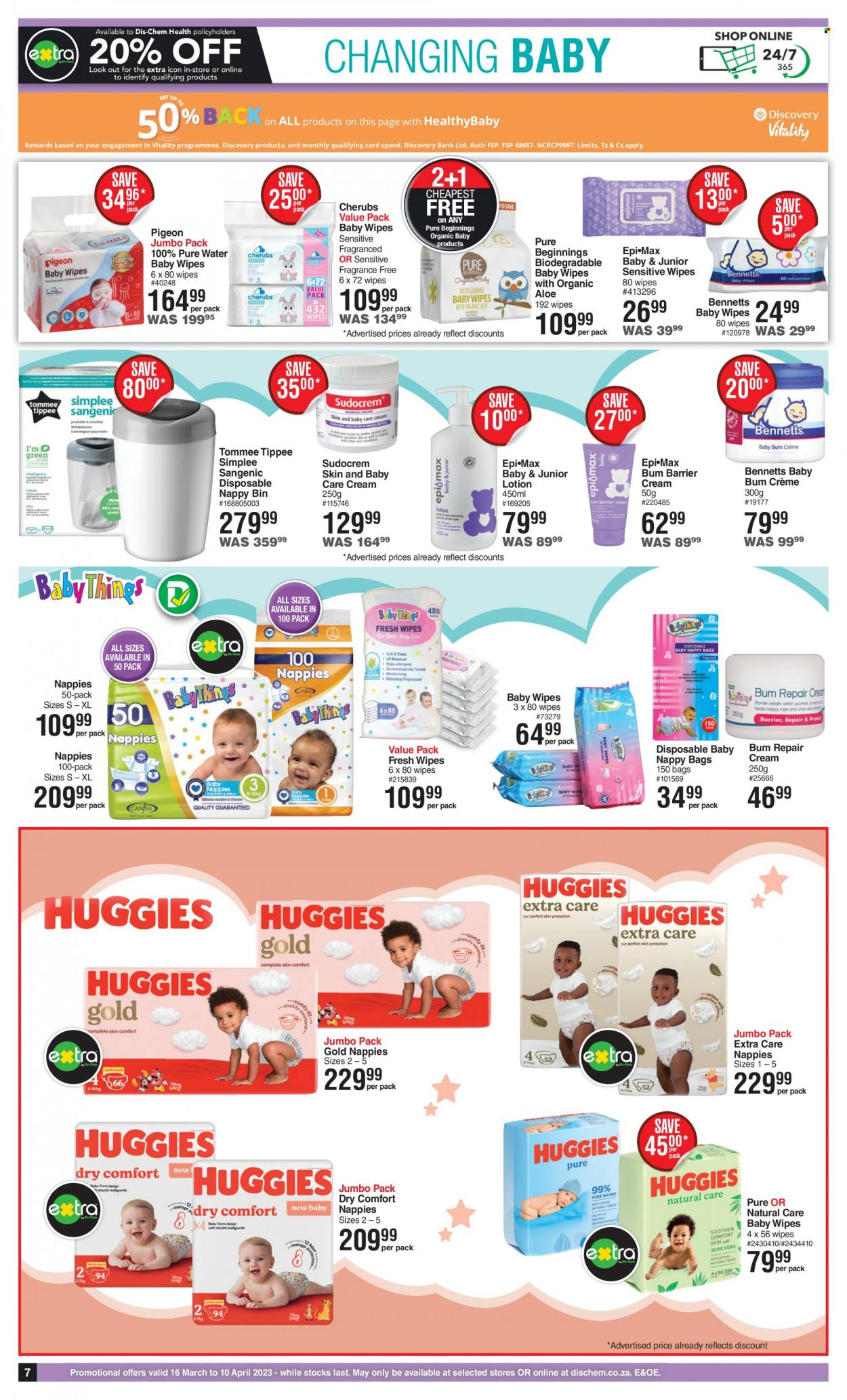 thumbnail - Dis-Chem catalogue  - 16/03/2023 - 10/04/2023 - Sales products - wipes, baby wipes, Epi-Max, body lotion, bag, Sudocrem. Page 7.