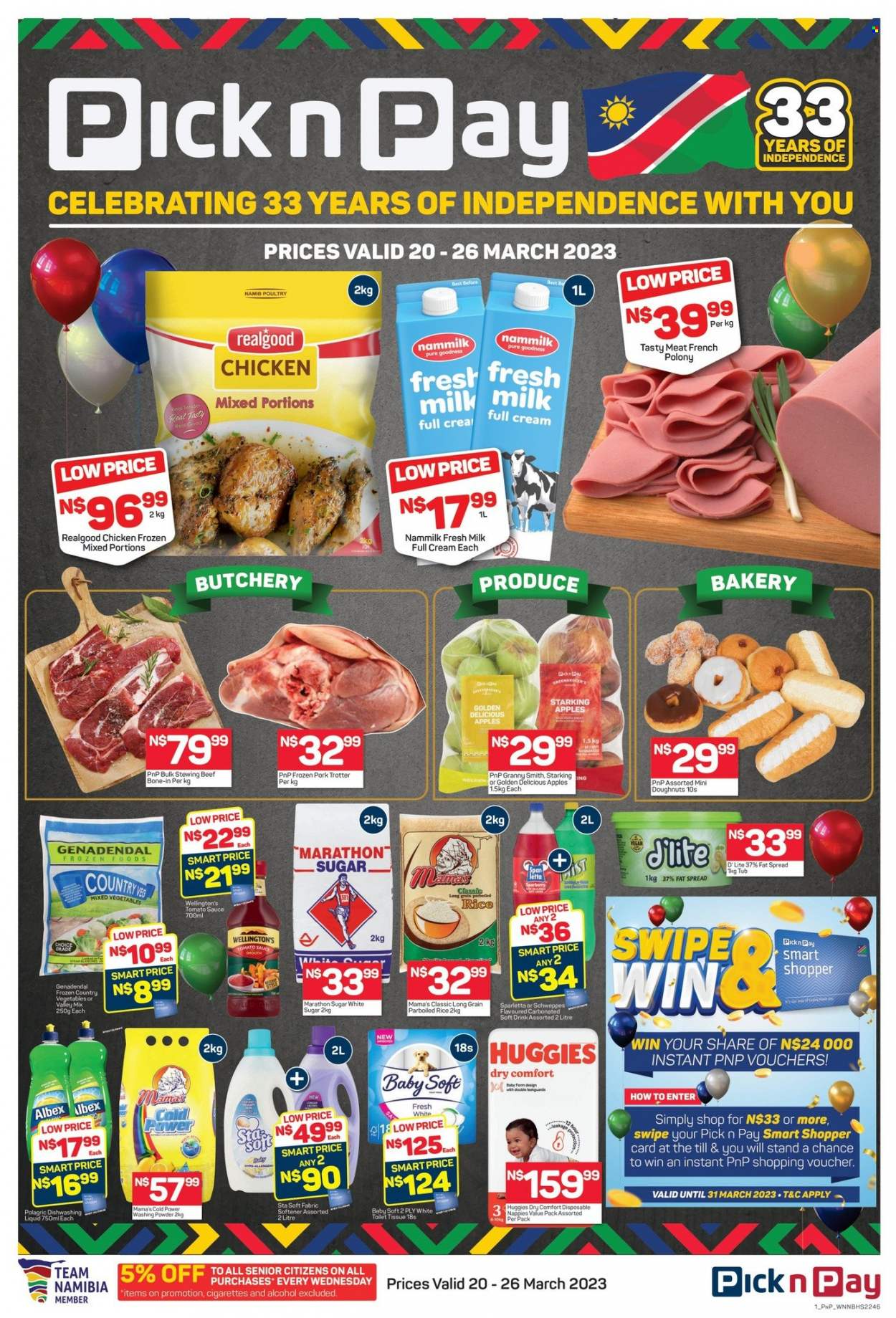 thumbnail - Pick n Pay catalogue  - 20/03/2023 - 26/03/2023 - Sales products - donut, Golden Delicious, Granny Smith, Mama's, french polony, polony, milk, fat spread, mixed vegetables, sugar, rice, parboiled rice, Schweppes, soft drink, carbonated soft drink, alcohol, Sol, chicken, beef meat, stewing beef, Huggies, Baby Soft, fabric softener, laundry powder, dishwashing liquid, beef bone. Page 1.