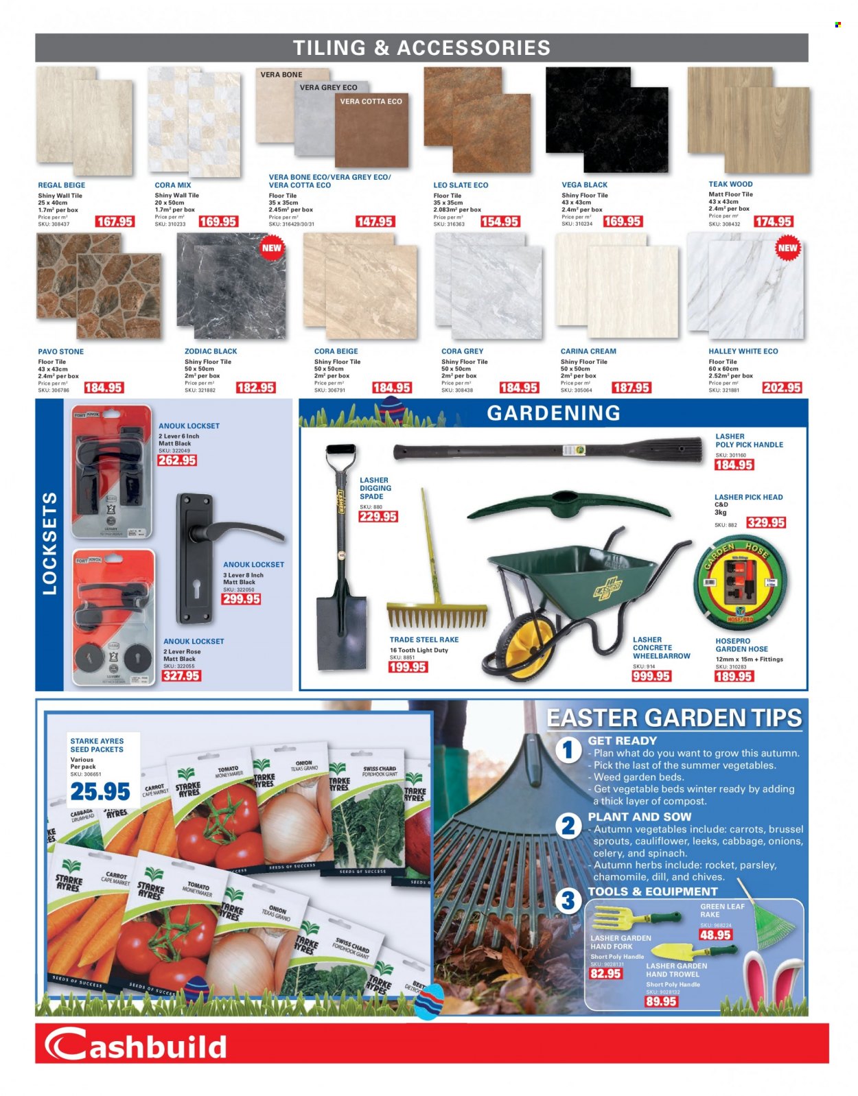 thumbnail - Cashbuild catalogue  - 20/03/2023 - 23/04/2023 - Sales products - floor tile, lockset, wheelbarrow, spade, plant seeds, herbs, rose, garden hose, compost. Page 2.