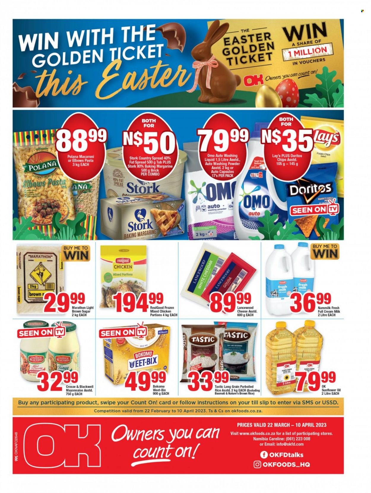 thumbnail - OK catalogue  - 22/03/2023 - 10/04/2023 - Sales products - macaroni, pasta, gouda, cheese, Lancewood, margarine, fat spread, baking margarine, mayonnaise, biscuit, Doritos, potato chips, Lay’s, cane sugar, cereals, Weet-Bix, basmati rice, brown rice, rice, parboiled rice, Tastic, sunflower oil, oil, chicken. Page 1.