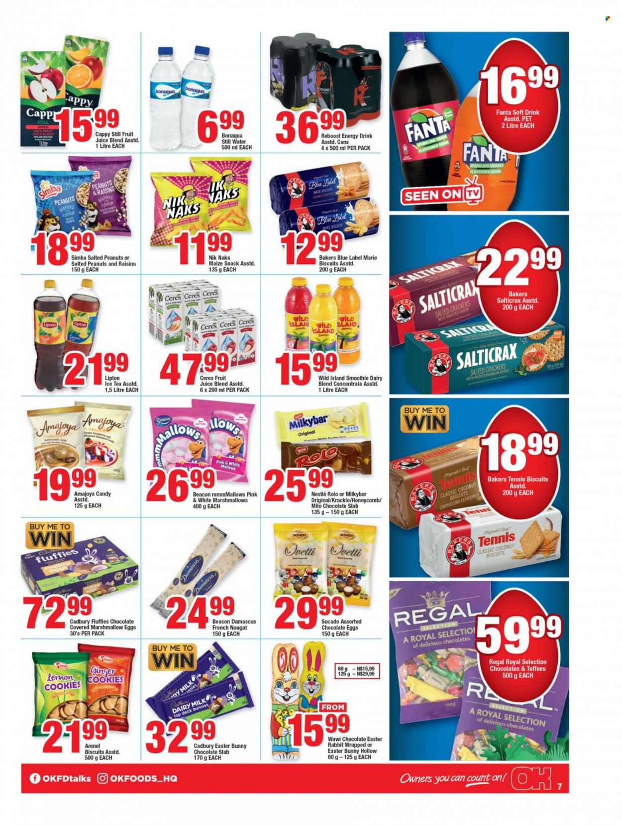 thumbnail - OK catalogue  - 22/03/2023 - 10/04/2023 - Sales products - ginger, onion, oranges, Annie's, Milo, dairy blend, cookies, marshmallows, Nestlé, rabbit, snack, Toffees, nougat, crackers, biscuit, Cadbury, milky bar, Bakers Salticrax, Dairy Milk, chocolate egg, easter bunny, maize snack, Simba, Nik Naks, caramel, peanuts, Fanta, energy drink, Lipton, fruit juice, juice, ice tea, soft drink, Cerés, smoothie, Bonaqua, water, Boost, tea, cappuccino. Page 6.