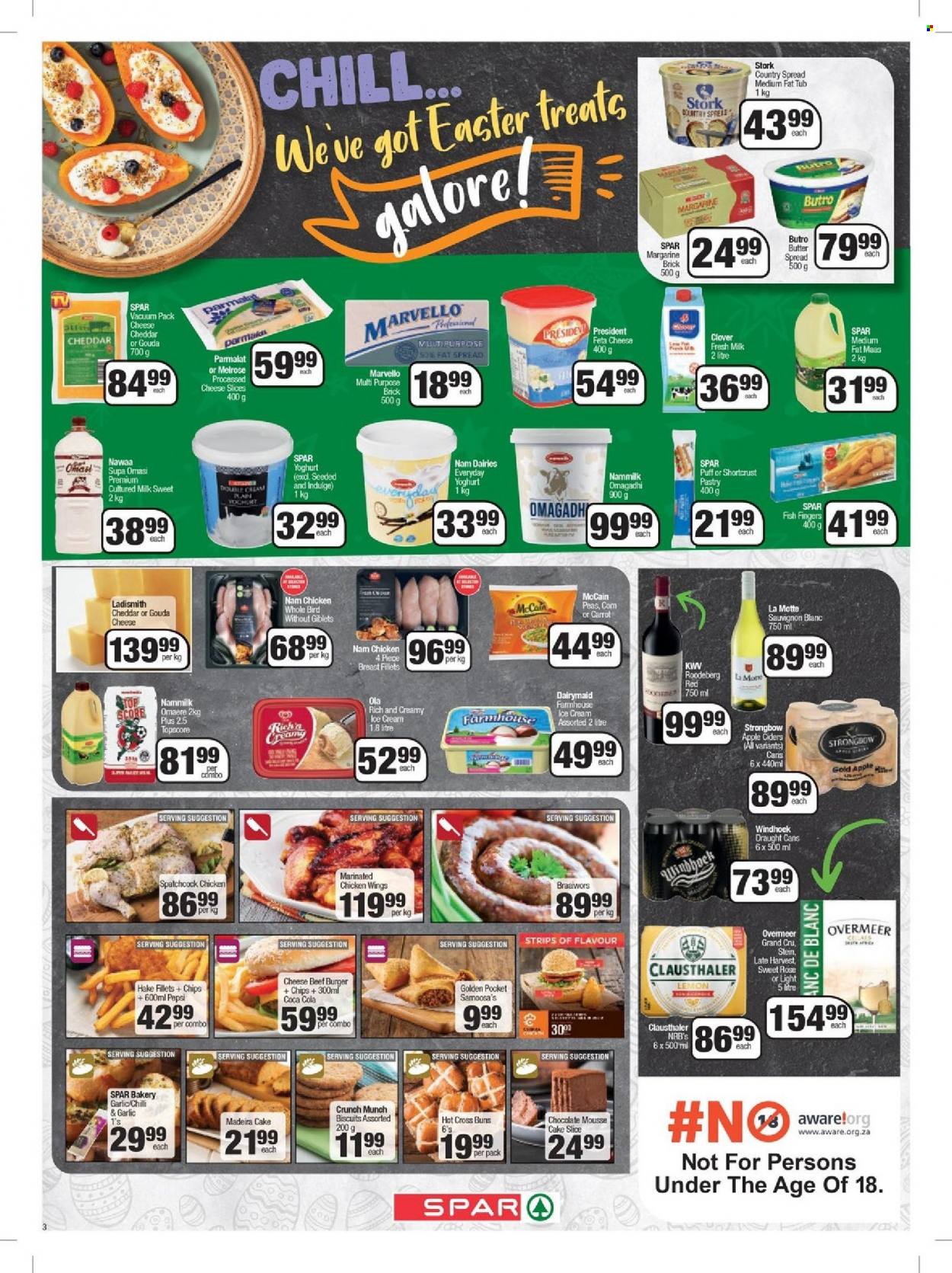 thumbnail - SPAR catalogue  - 21/03/2023 - 10/04/2023 - Sales products - cake, buns, shortcrust pastry, madeira cake, hake, fish, fish fingers, fish sticks, hamburger, beef burger, gouda, sliced cheese, cheese, Président, feta, Melrose, yoghurt, Parmalat, milk, amasi, margarine, fat spread, Ladismith, ice cream, Ola, chicken wings, strips, McCain, biscuit, chips, Coca-Cola, Pepsi, white wine, KWV, Sauvignon Blanc, rosé wine, Strongbow, whole chicken, spatchcock chicken, marinated chicken, chicken. Page 2.