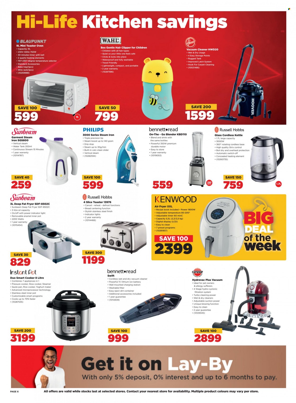 thumbnail - HiFiCorp catalogue  - 21/03/2023 - 27/03/2023 - Sales products - Sunbeam, vacuum cleaner, Bennett Read, blender, deep fryer, slow cooker, pressure cooker, air fryer, Instant Pot, Kenwood, Russell Hobbs, rice cooker, kettle, iron, steam iron, hair clipper. Page 6.