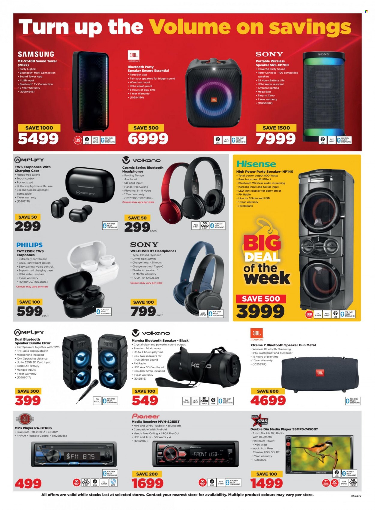 thumbnail - HiFiCorp catalogue  - 21/03/2023 - 27/03/2023 - Sales products - Philips, Sony, Samsung, Hisense, memory card, RCA, receiver, camera, TV, radio, Pioneer, media player, media receiver, mp3 player, speaker, JBL, bluetooth speaker, sound tower, microphone, headphones, Volkano, remote control. Page 9.