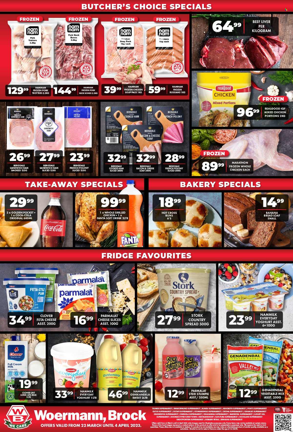 thumbnail - Woermann Brock catalogue  - 22/03/2023 - 04/04/2023 - Sales products - bread, buns, banana bread, chicken soup, sandwich, soup, bacon, cooked ham, ham, french polony, polony, Russians, gouda, sliced cheese, feta, yoghurt, Clover, Parmalat, long life milk, Steri Stumpie, fat spread, mixed vegetables, Coca-Cola, Fanta, soft drink, wine, alcohol, rosé wine, whole chicken, chicken, beef liver, beef meat. Page 2.