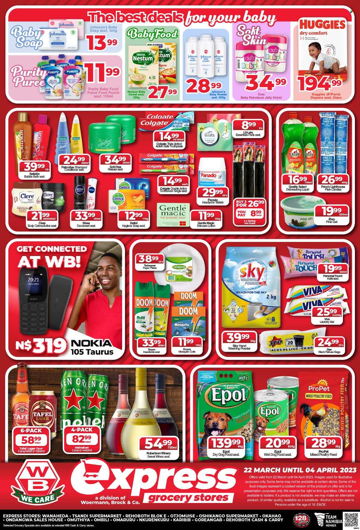 thumbnail - Woermann Brock catalogue  - 22/03/2023 - 04/04/2023 - Sales products - Nestlé, cereals, wine, alcohol, beer, Heineken, Lager, Purity, Huggies, pants, nappies, Johnson's, Dettol, laundry powder, laundry soap bar, dishwashing liquid, bubble bath, shampoo, Nivea, Palmolive, Satiskin, soap, Colgate, toothpaste, Lil-lets, petroleum jelly, Gentle Magic, conditioner, relaxer, body lotion, Clere, anti-perspirant, deodorant, animal food, dog food, wet dog food, dry dog food. Page 4.