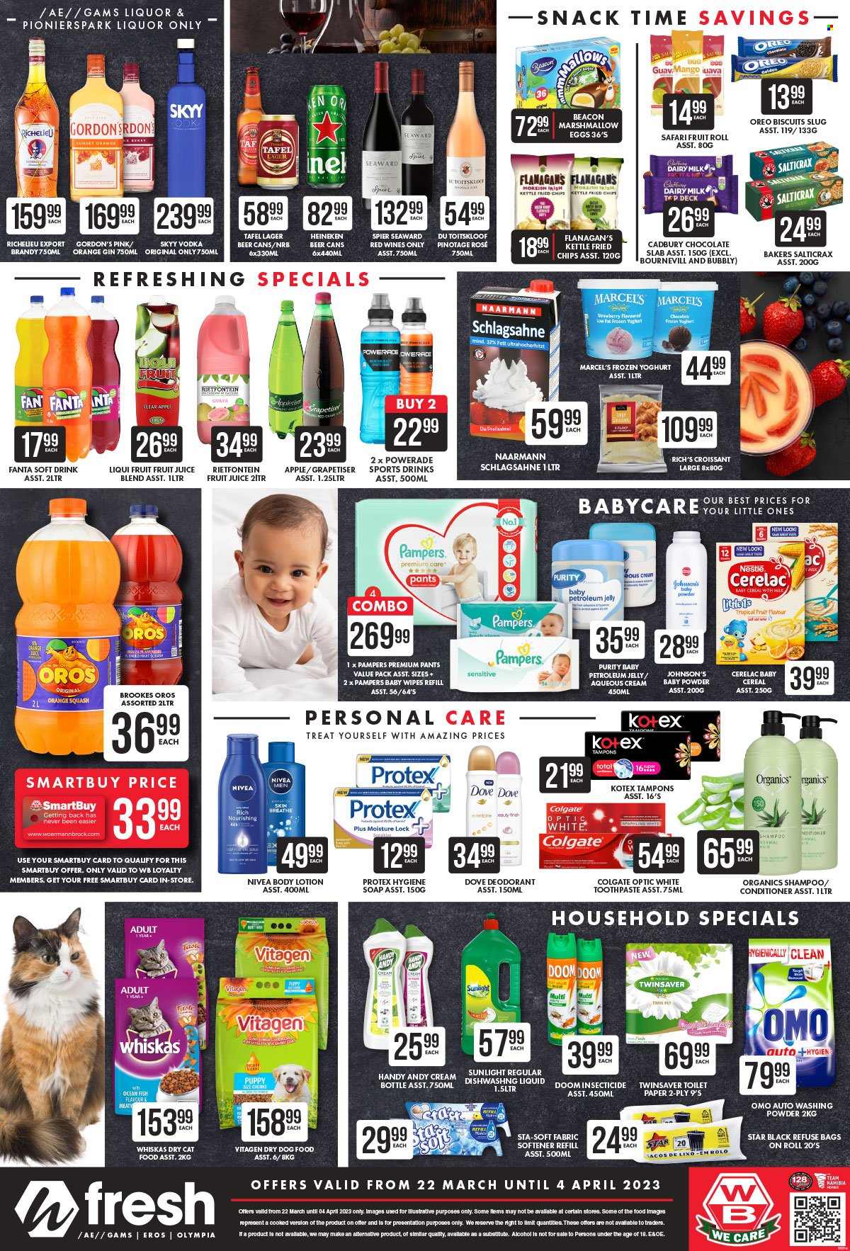 thumbnail - Woermann Brock catalogue  - 22/03/2023 - 04/04/2023 - Sales products - croissant, guava, fish, Oreo, yoghurt, eggs, frozen yoghurt, Dove, marshmallows, Nestlé, chocolate, snack, biscuit, Cadbury, Salticrax, Dairy Milk, cereals, Powerade, Fanta, fruit juice, juice, soft drink, Oros, orange squash, alcohol, rosé wine, brandy, gin, vodka, liquor, Gordon's, SKYY, Richelieu, beer, Heineken, Lager, Purity, wipes, Pampers, pants, baby wipes, Johnson's, fabric softener, Omo, softener refill, laundry powder, Sunlight, shampoo, Nivea, Protex, soap, Colgate, toothpaste, Kotex, tampons, petroleum jelly, conditioner, body lotion, anti-perspirant, deodorant, animal food, cat food, dog food, Whiskas, Bakers, dry dog food, dry cat food. Page 4.