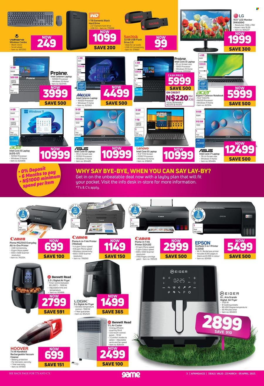 thumbnail - Game catalogue  - 23/03/2023 - 05/04/2023 - Sales products - Sandisk, Acer, Asus, laptop, Lenovo, LG, Volkano, vacuum cleaner, Bennett Read, air fryer, Canon, all-in-one printer, ink printer, printer, Epson, scanner, cartridge. Page 3.