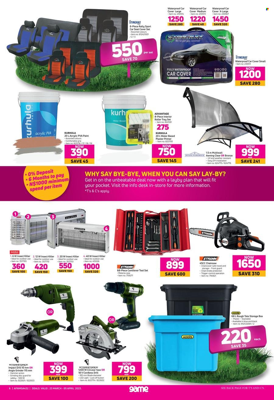 thumbnail - Game catalogue  - 23/03/2023 - 05/04/2023 - Sales products - storage box, quilt cover set, TV, grinder, insect killer, drill, chain saw, circular saw, saw, angle grinder, tote, tool set, cart, garden storage box, plaster primer. Page 6.
