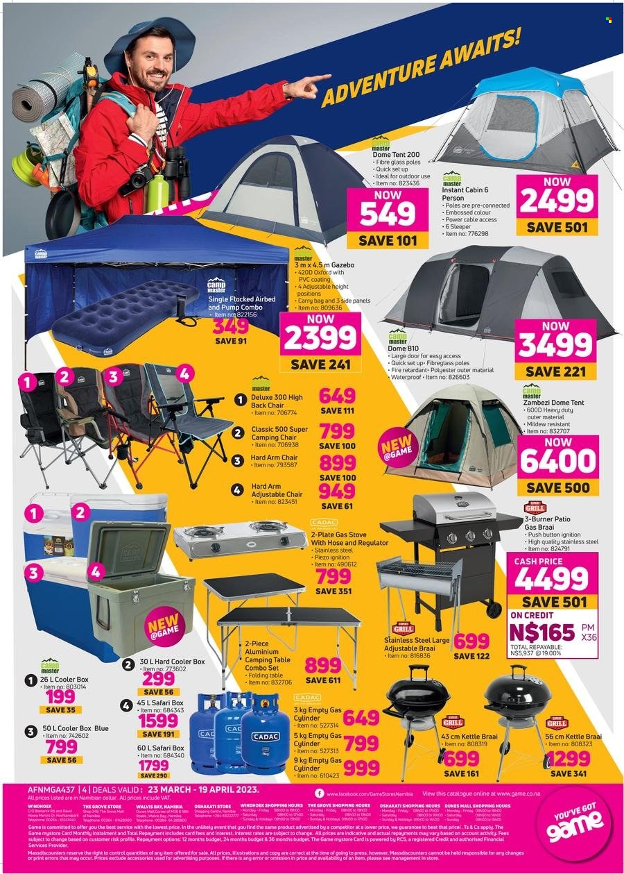 thumbnail - Game catalogue  - 23/03/2023 - 19/04/2023 - Sales products - plate, gas stove, kettle, arm chair, table, folding table, gas cylinder, braai, kettle braai. Page 4.