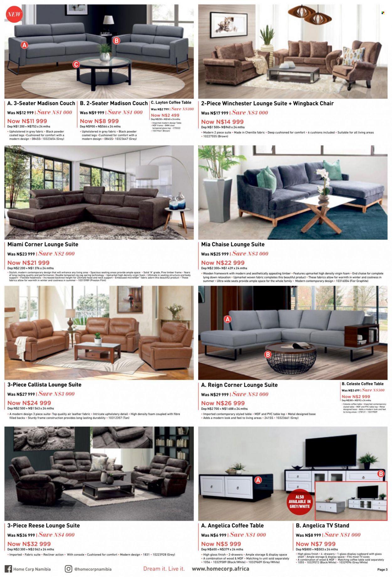 thumbnail - HomeCorp catalogue  - 23/03/2023 - 27/03/2023 - Sales products - cupboard, table, chair, recliner chair, lounge suite, couch, lounge, coffee table, tv unit, TV stand, shelves, cushion. Page 3.