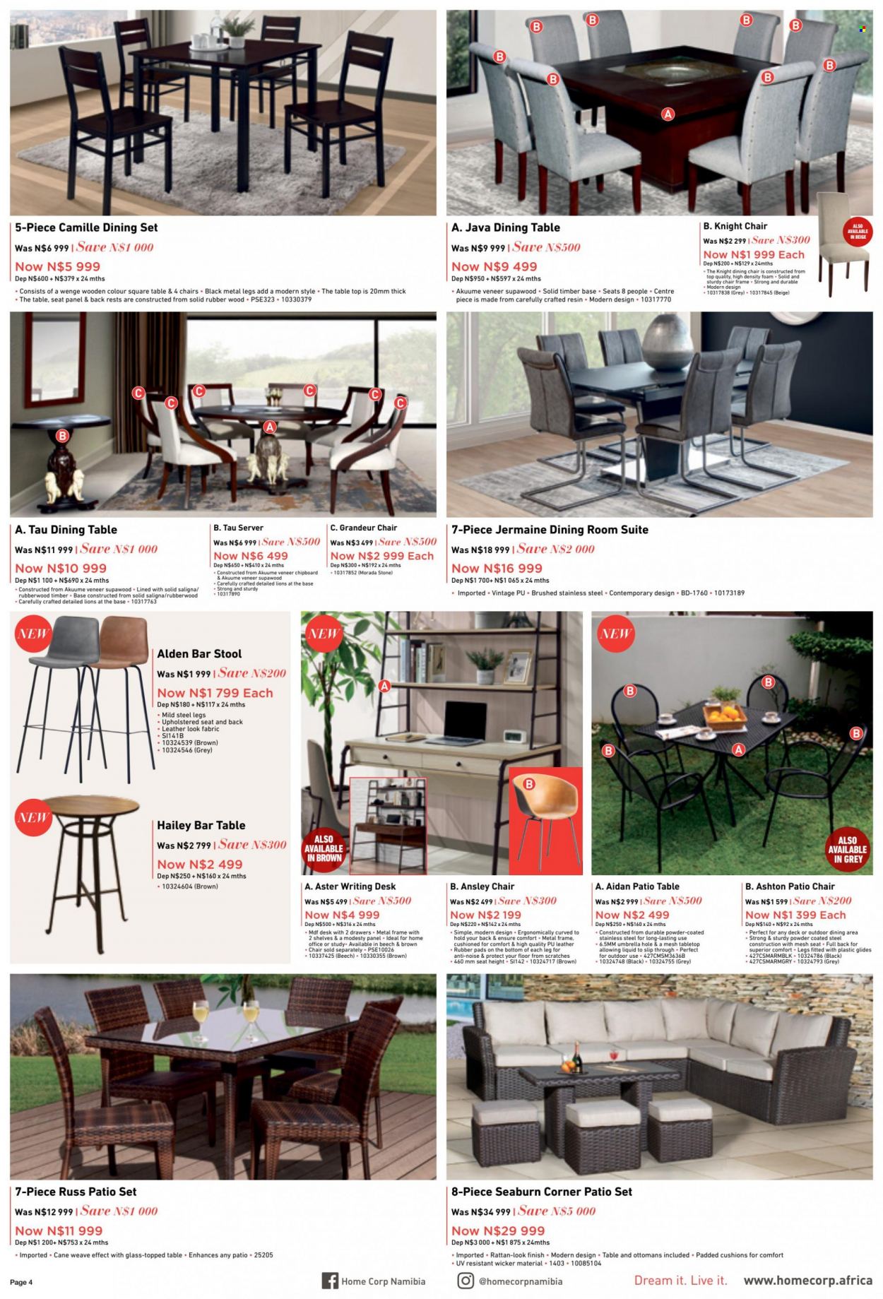 thumbnail - HomeCorp catalogue  - 23/03/2023 - 27/03/2023 - Sales products - dining set, dining table, dining room suite, stool, chair, bar stool, dining chair, coctail table, shelves, desk, cushion, metal frame, chair pad. Page 4.