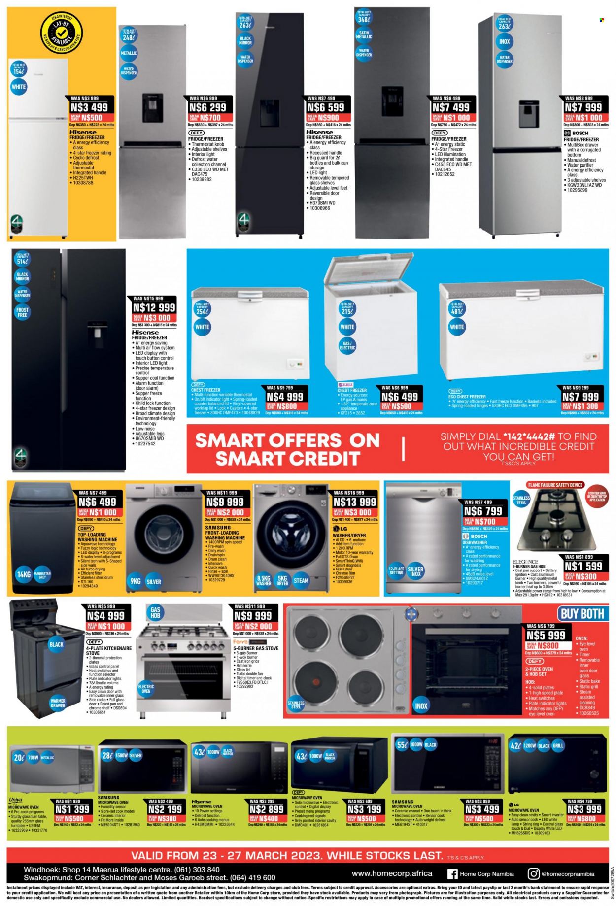 thumbnail - HomeCorp catalogue  - 23/03/2023 - 27/03/2023 - Sales products - table, shelves, mirror, LG, Samsung, Hisense, Bosch, freezer, chest freezer, refrigerator, fridge, oven, stove, gas stove, microwave, hob, water dispenser, basket. Page 8.