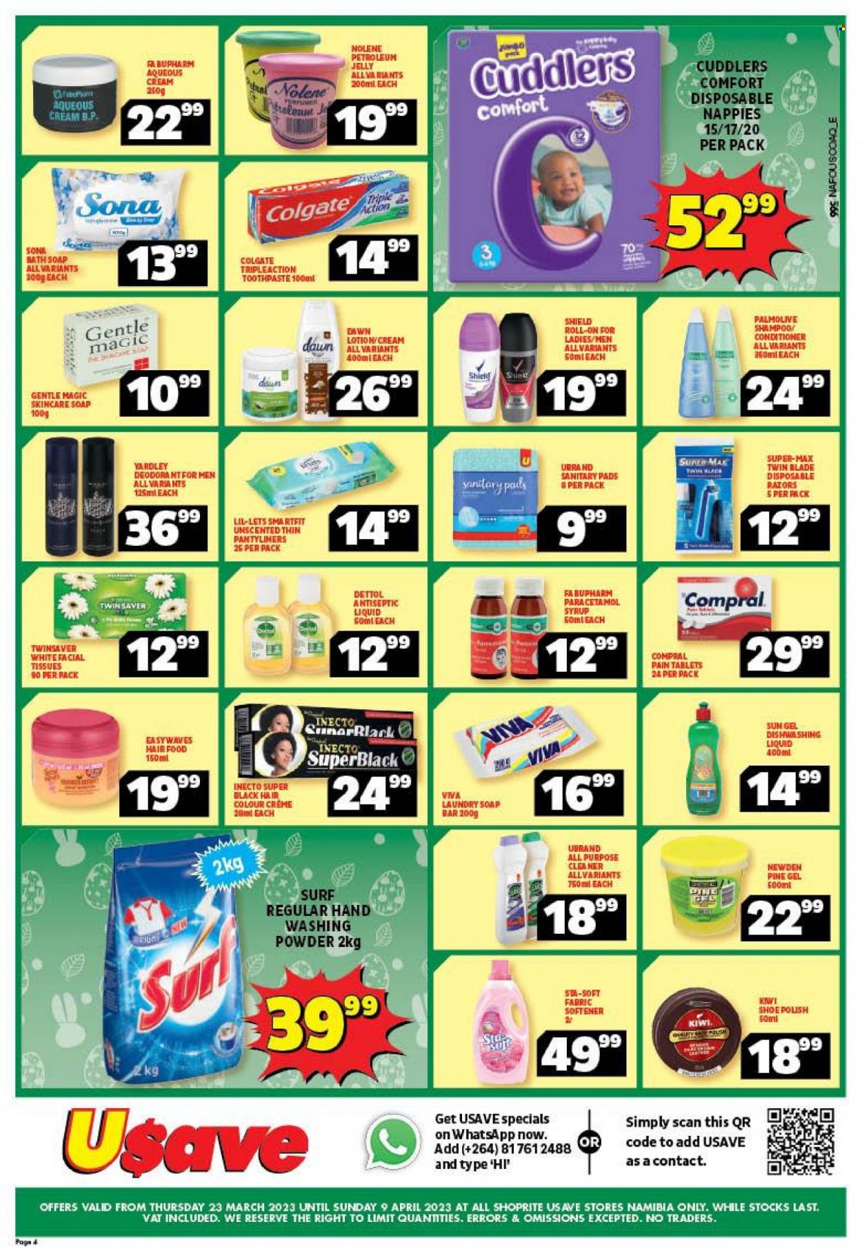 thumbnail - Shoprite catalogue  - 23/03/2023 - 09/04/2023 - Sales products - kiwi, syrup, nappies, tissues, Dettol, all purpose cleaner, cleaner, fabric softener, laundry powder, laundry soap bar, Surf, dishwashing liquid, shampoo, Palmolive, soap bar, soap, Colgate, toothpaste, sanitary pads, pantyliners, Lil-lets, facial tissues, petroleum jelly, Gentle Magic, conditioner, hair color, body lotion, disposable razor. Page 3.