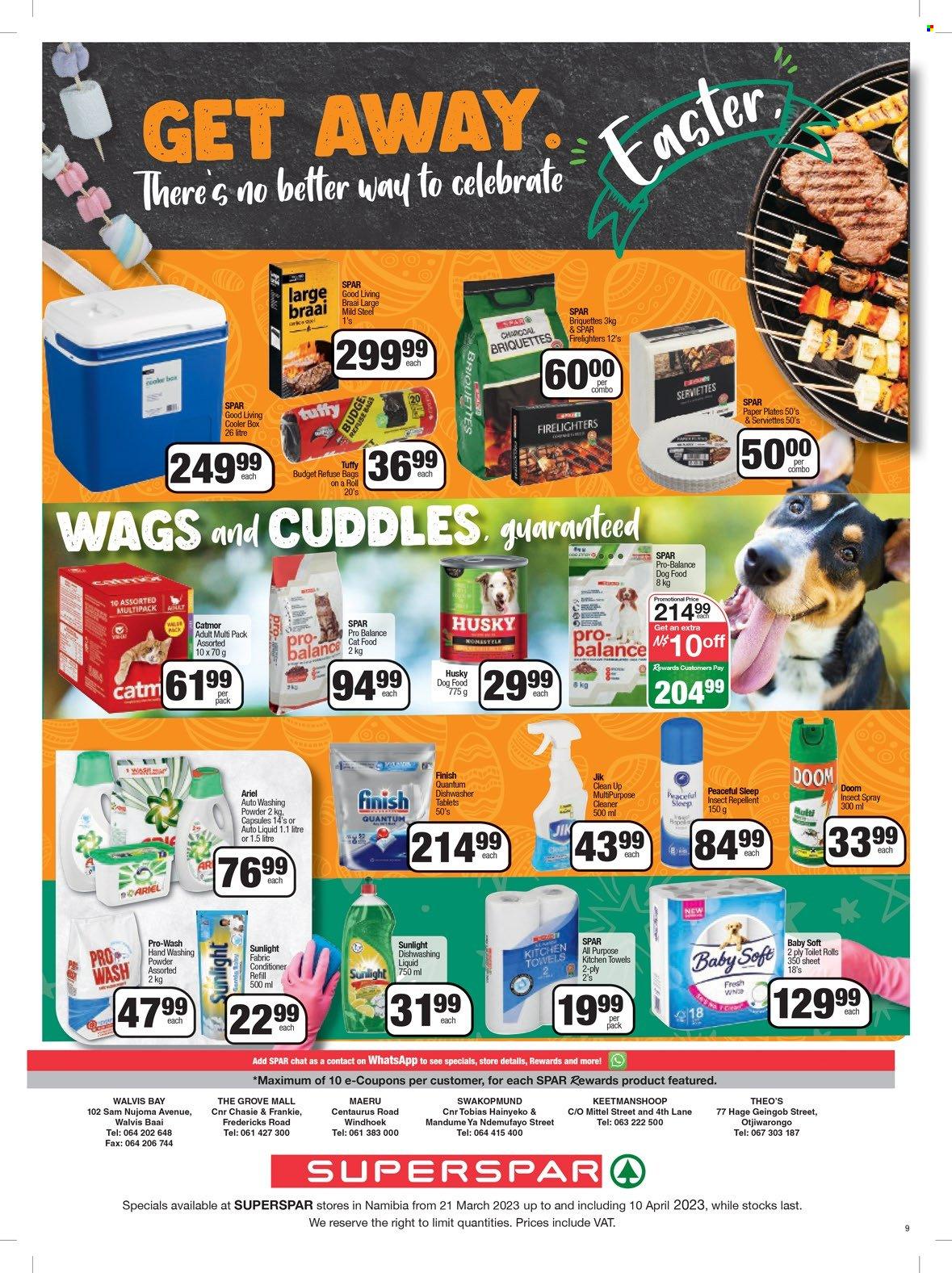 thumbnail - SPAR catalogue  - 27/03/2023 - 10/04/2023 - Sales products - Baby Soft, toilet paper, kitchen towels, cleaner, Ariel, laundry powder, Sunlight, dishwashing liquid, dishwasher cleaner, Finish Powerball, Finish Quantum Ultimate, dishwasher tablets, firelighter, serviettes, paper plate, briquettes, braai, charcoal, refuse bag. Page 2.