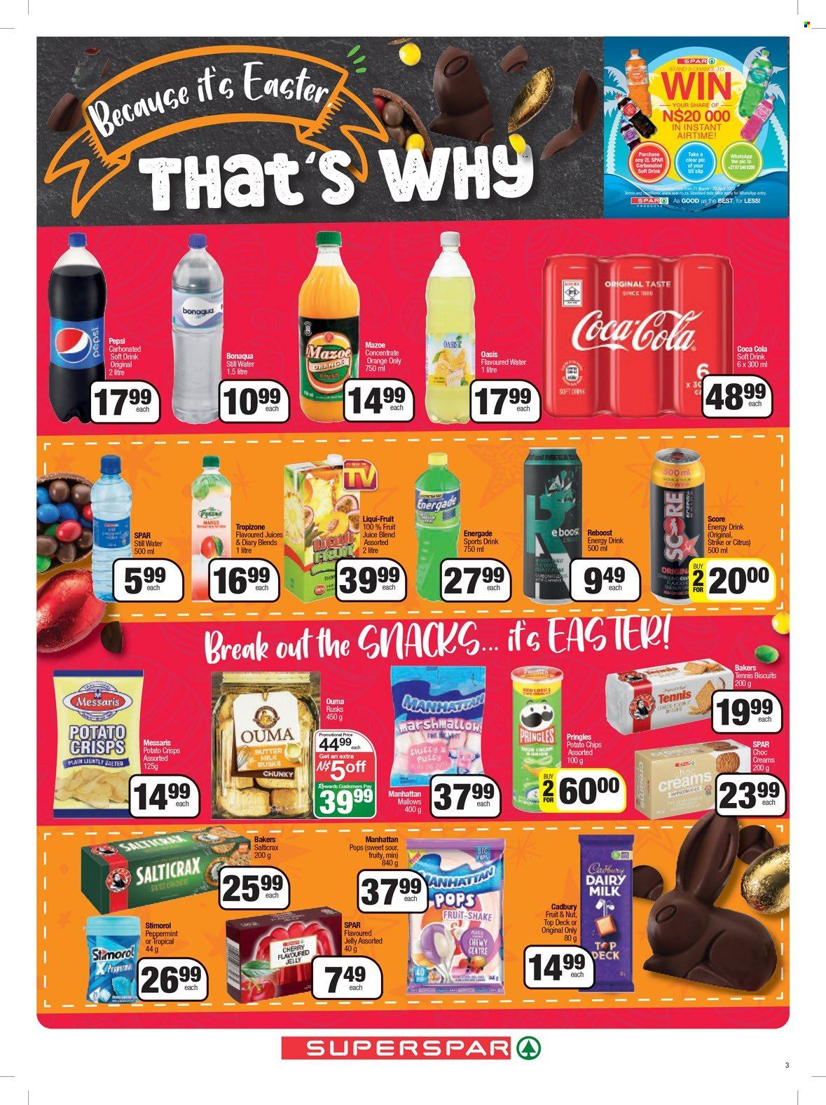 thumbnail - SPAR catalogue  - 27/03/2023 - 10/04/2023 - Sales products - rusks, mango, cherries, oranges, shake, butter, marshmallows, snack, jelly, biscuit, Cadbury, Salticrax, Dairy Milk, potato crisps, potato chips, Pringles, chips, Coca-Cola, Pepsi, energy drink, fruit juice, juice, soft drink, Bonaqua, water, carbonated soft drink. Page 7.
