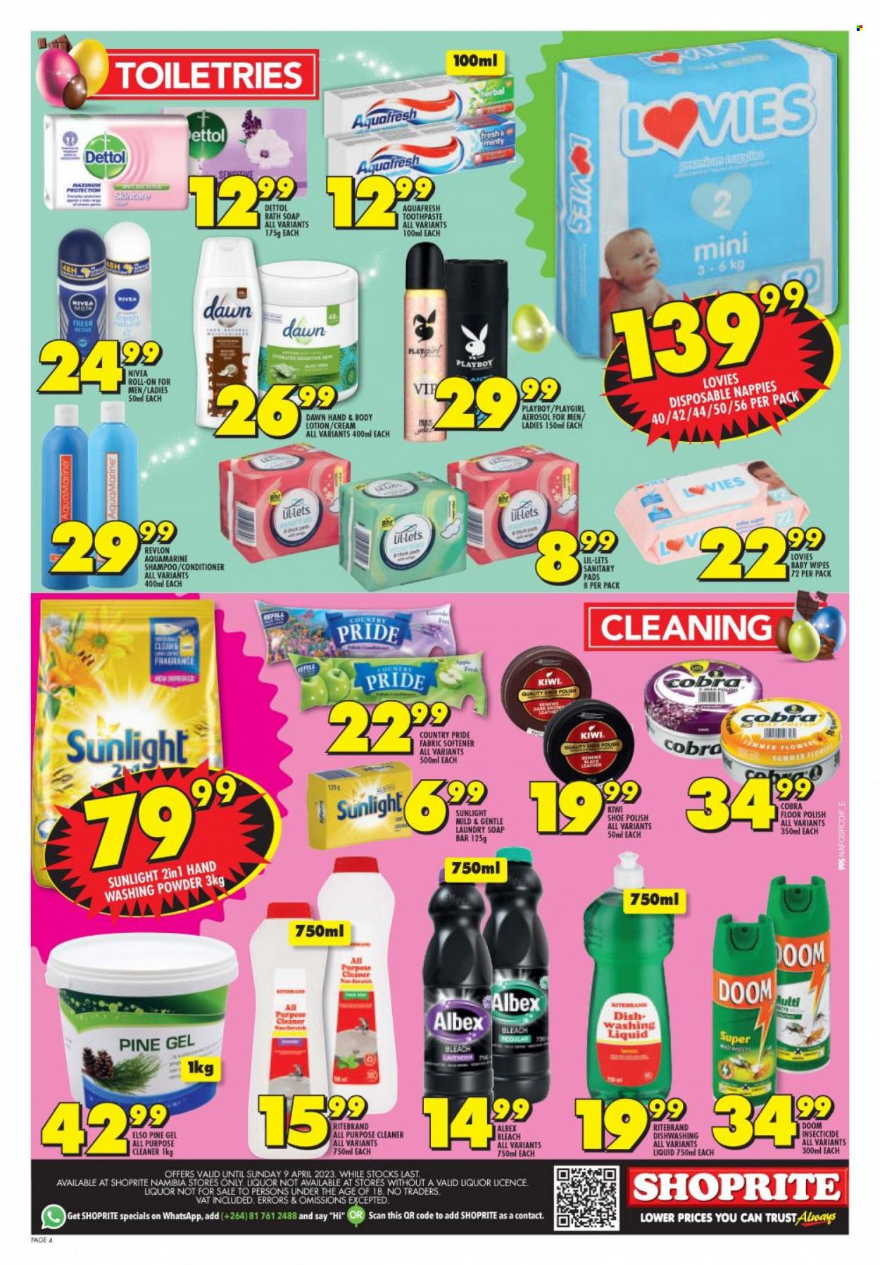 thumbnail - Shoprite catalogue  - 27/03/2023 - 09/04/2023 - Sales products - kiwi, beer, Cobra, wipes, baby wipes, nappies, Dettol, bleach, all purpose cleaner, cleaner, fabric softener, laundry powder, laundry soap bar, Sunlight, shampoo, Nivea, soap bar, soap, toothpaste, sanitary pads, Lil-lets, conditioner, Revlon, body lotion. Page 3.
