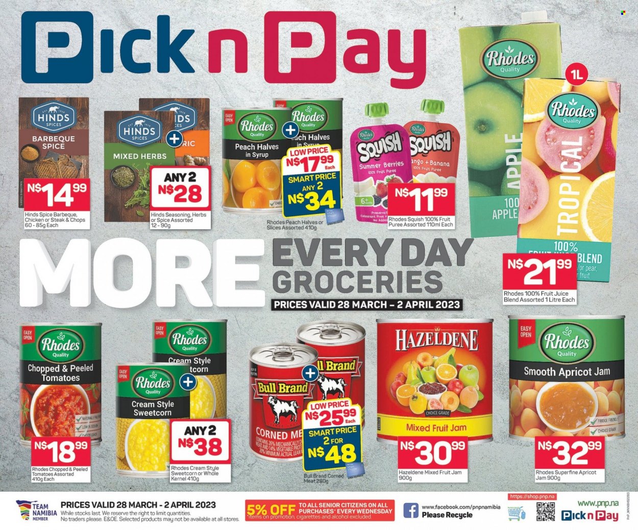 thumbnail - Pick n Pay catalogue  - 28/03/2023 - 02/04/2023 - Sales products - tomatoes, pears, fruit slices, spice, Hinds, apricot jam, fruit jam, Hazeldene, fruit juice, juice, alcohol, chicken, steak. Page 1.