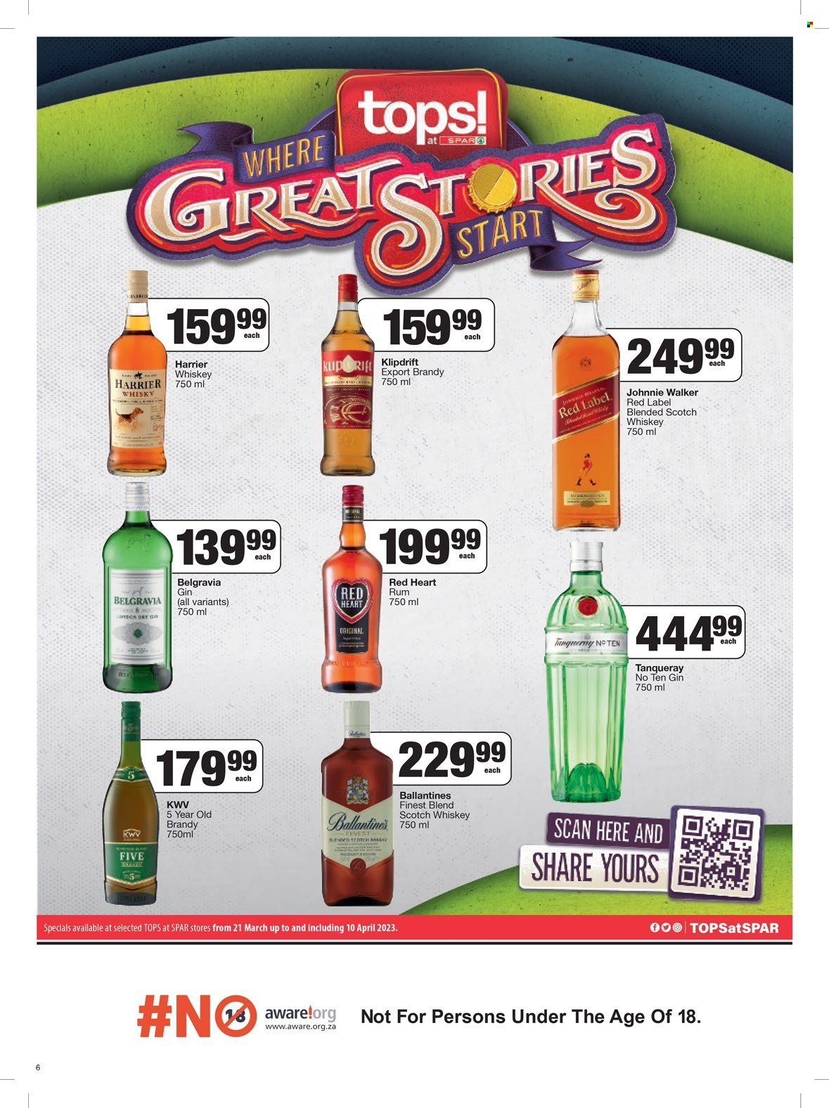 thumbnail - SPAR catalogue  - 28/03/2023 - 10/04/2023 - Sales products - KWV, brandy, gin, rum, whiskey, Johnnie Walker, Harrier, Red Heart, Klipdrift, Belgravia, whisky. Page 1.