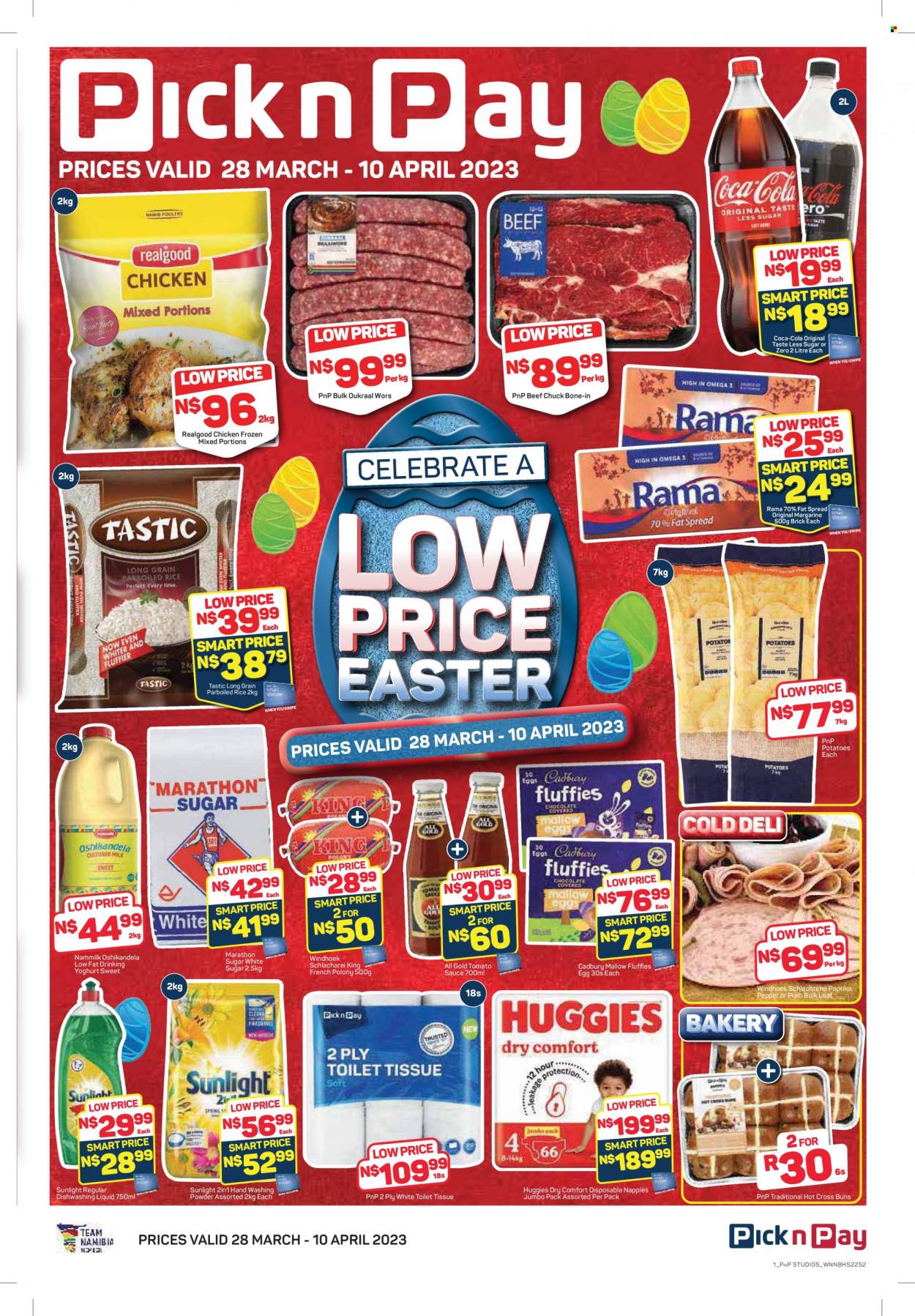 thumbnail - Pick n Pay catalogue  - 28/03/2023 - 10/04/2023 - Sales products - buns, potatoes, sauce, french polony, polony, yoghurt, yoghurt drink, eggs, margarine, fat spread, Rama, Cadbury, tomato sauce, rice, parboiled rice, Tastic, pepper, Coca-Cola, chicken, Huggies, nappies, laundry powder, Sunlight, dishwashing liquid. Page 1.