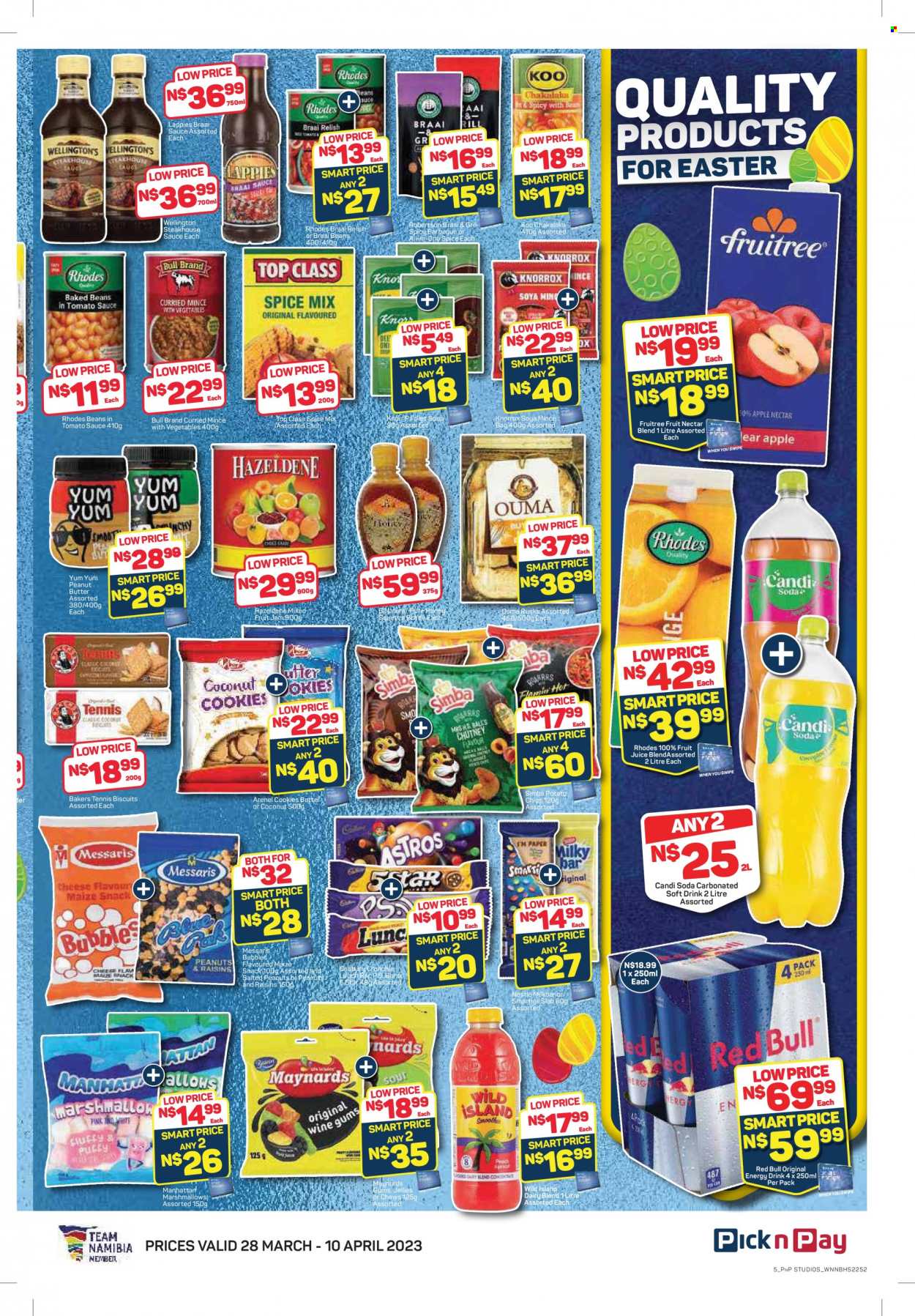 thumbnail - Pick n Pay catalogue  - 28/03/2023 - 10/04/2023 - Sales products - rusks, beans, soup, Knorr, chakalaka, dairy blend, cookies, marshmallows, Nestlé, snack, Smarties, chewing gum, biscuit, Cadbury, potato chips, chips, maize snack, Simba, soya mince, Knorrox, Koo, spice, spice all-in-one, honey, fruit jam, peanut butter, Hazeldene, peanuts, energy drink, fruit juice, juice, fruit nectar, soft drink, Red Bull, soda, carbonated soft drink, Bakers. Page 5.