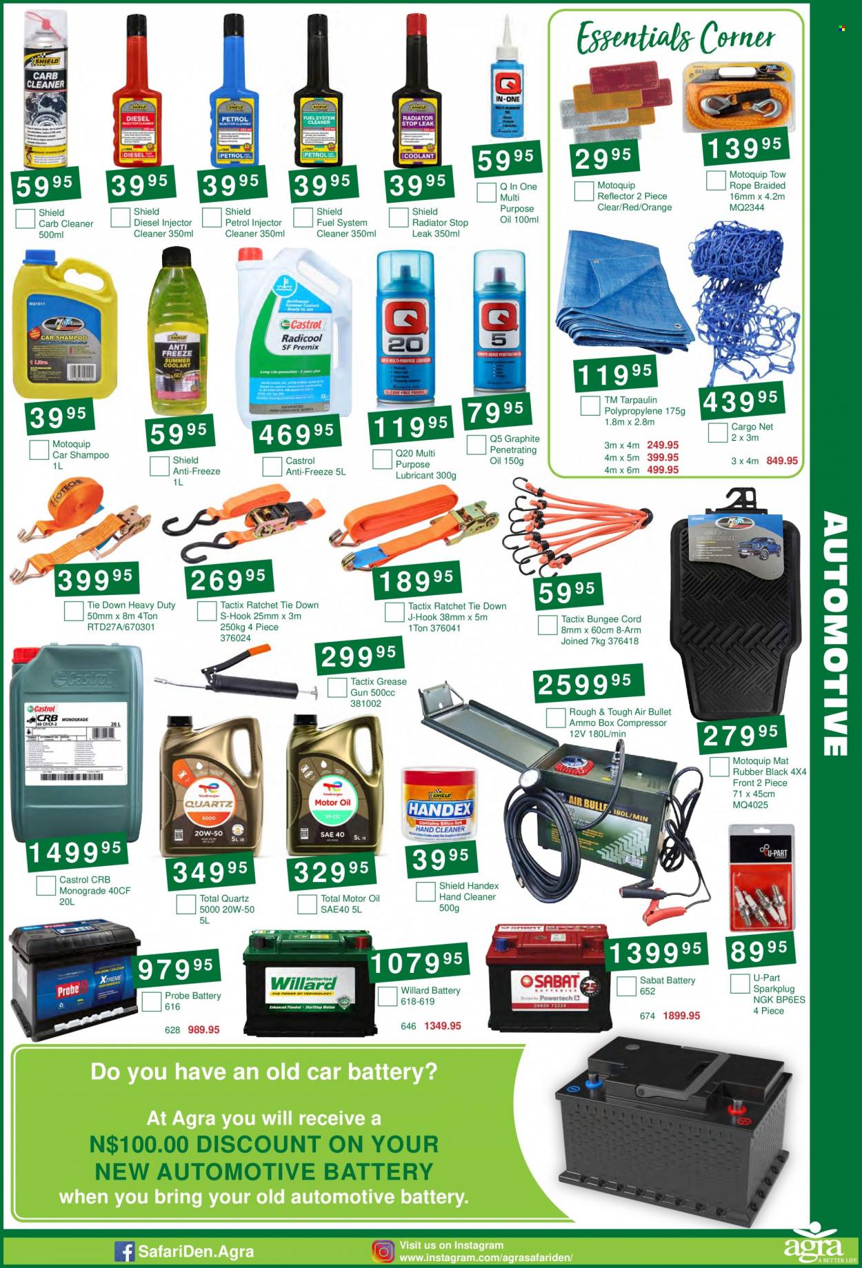 thumbnail - Agra catalogue  - 16/05/2023 - 18/06/2023 - Sales products - Willard, hook, compressor, eraser, battery, tow rope, hand tools, air compressor, lubricant, car battery, fuel system cleaner, injector cleaner, car shampoo, cleaner, motor oil, Castrol, Total Quartz, Total engine oil, ammo can, ammo. Page 3.