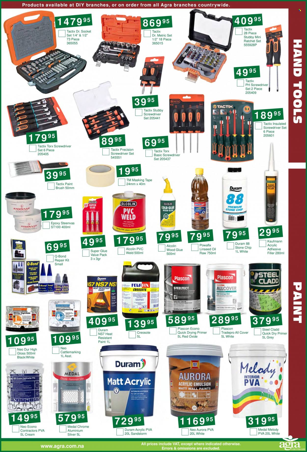 thumbnail - Agra catalogue  - 16/05/2023 - 18/06/2023 - Sales products - paint brush, glue, masking tape, acrylic PVA, Duram, Medal, screwdriver, socket set, screwdriver set, hand tools. Page 11.