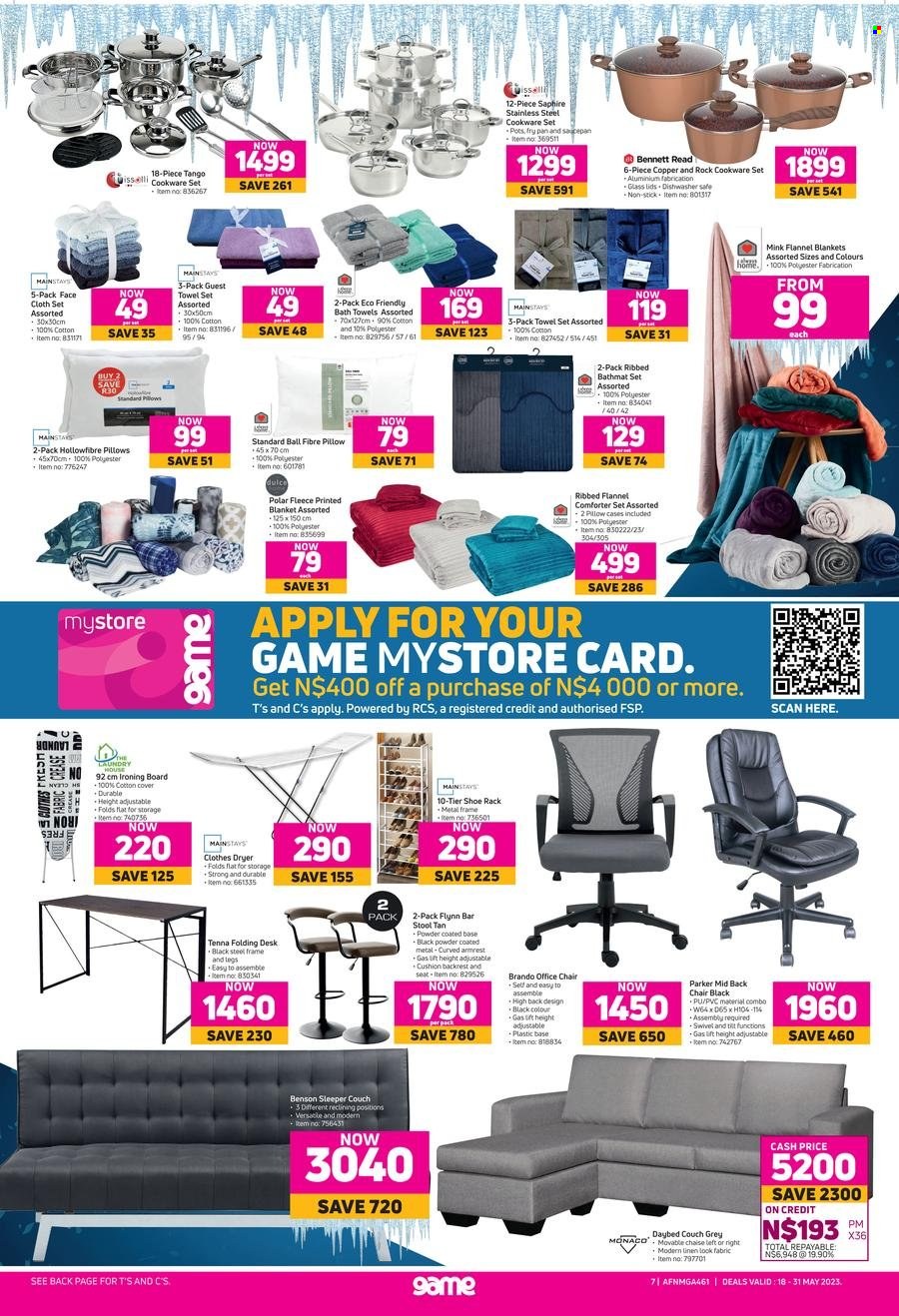 thumbnail - Game catalogue  - 18/05/2023 - 31/05/2023 - Sales products - cookware set, pot, pan, saucepan, blanket, cushion, comforter, linens, pillow, bath towel, towel, facecloth, Bennett Read, sofa bed, couch. Page 7.