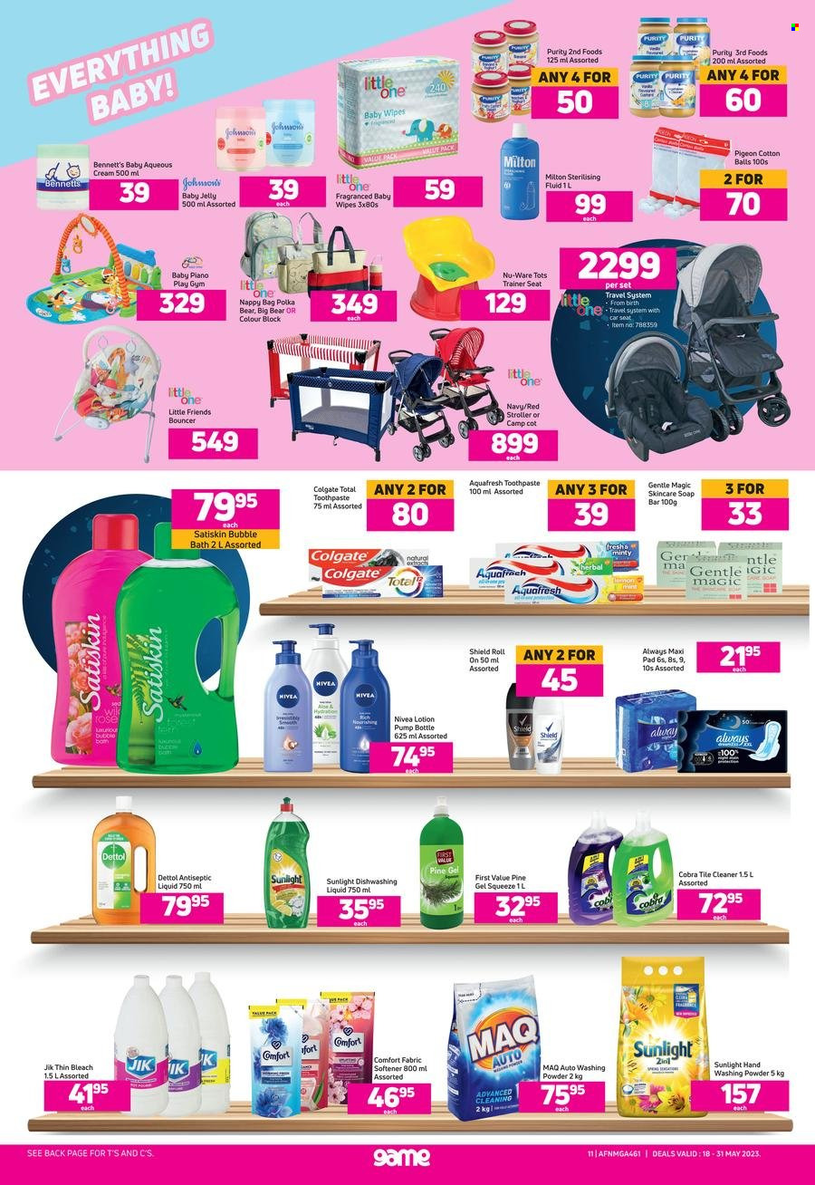 thumbnail - Game catalogue  - 18/05/2023 - 31/05/2023 - Sales products - Ace, beer, Cobra, Purity, wipes, baby wipes, Johnson's, cotton balls, Dettol, bleach, cleaner, fabric softener, laundry powder, Sunlight, Comfort softener, dishwashing liquid, bubble bath, Nivea, soap bar, Satiskin, soap, Colgate, toothpaste, Gentle Magic, body lotion, roll-on, Pigeon. Page 11.
